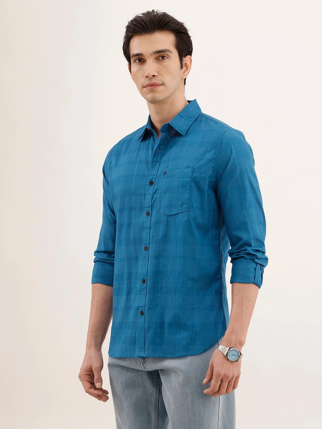 Men's slim fit casual shirt with checked weave pattern | Blue - Image 4