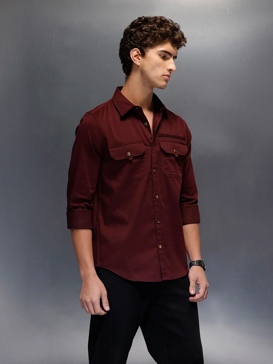 Men's Slim Fit Casual Shirt with Double Pocket | Wine - Image 4