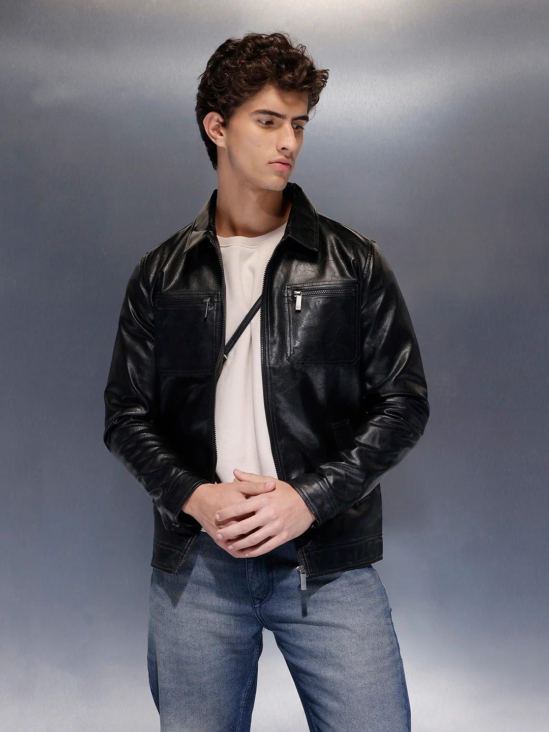 Men's Slim Fit PU Collared Jacket | Black