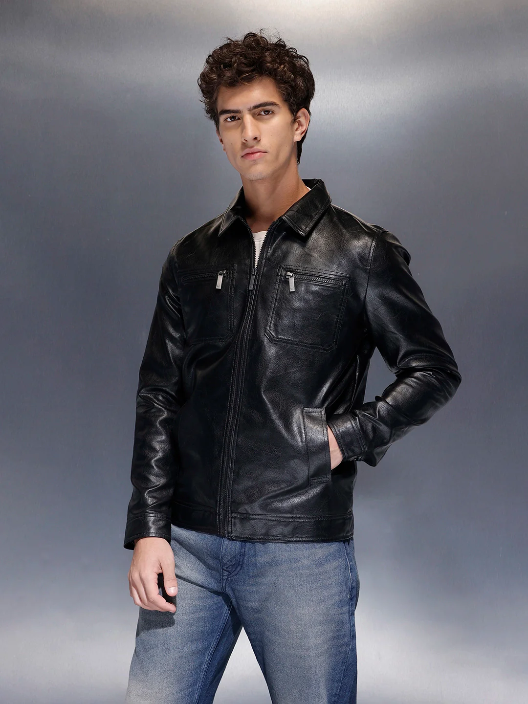 Men's Slim Fit PU Collared Jacket | Black - Image 4