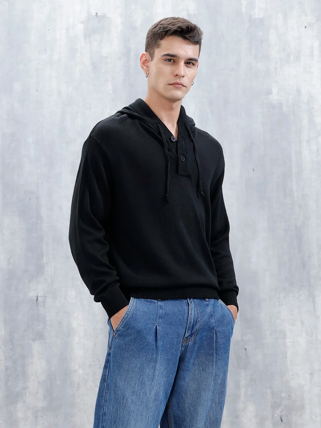 Men's Solid Casual Hoodie Pullover | Black - Image 4