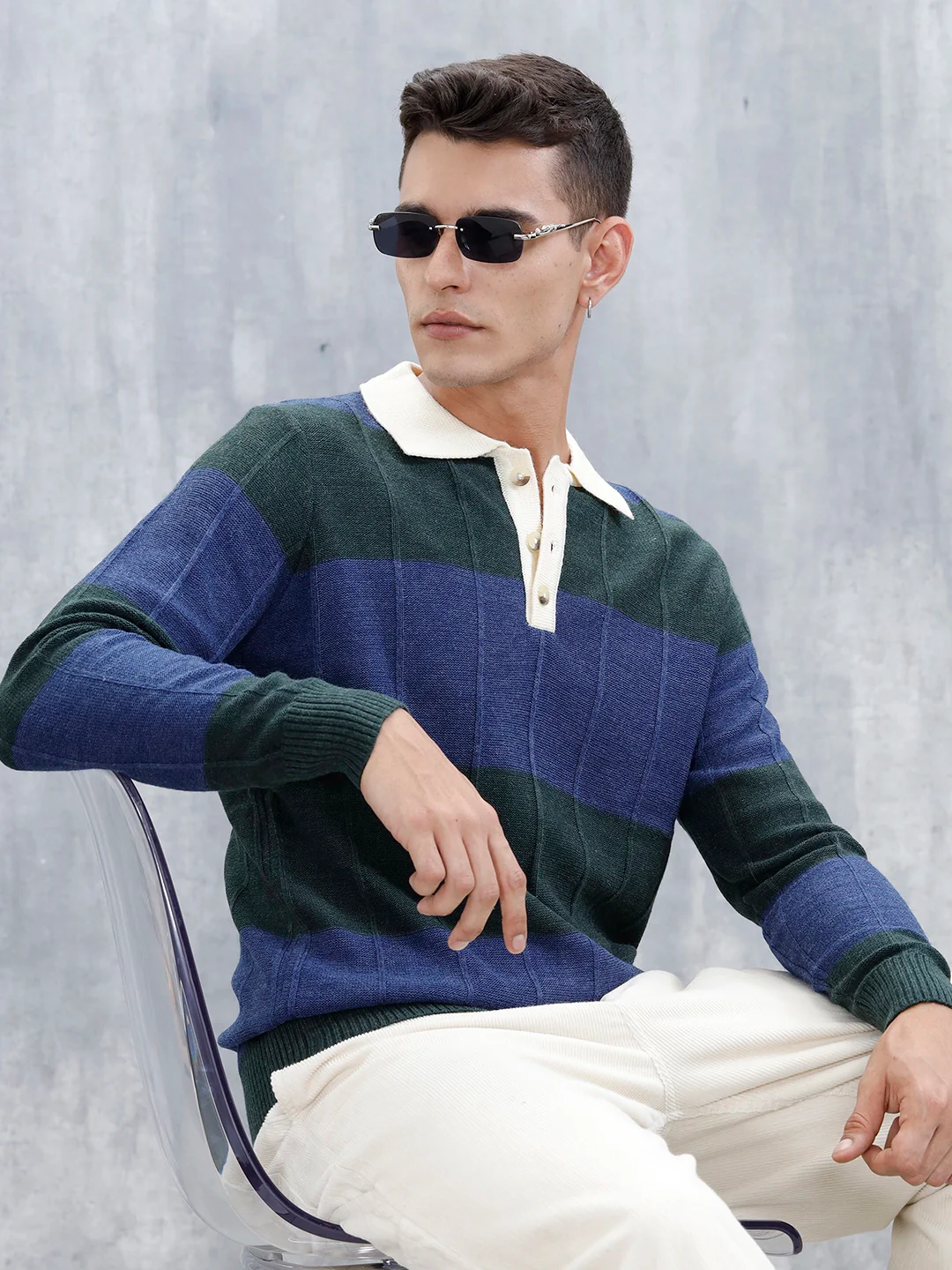 Men's Striped Polo Collar Sweater | Blue