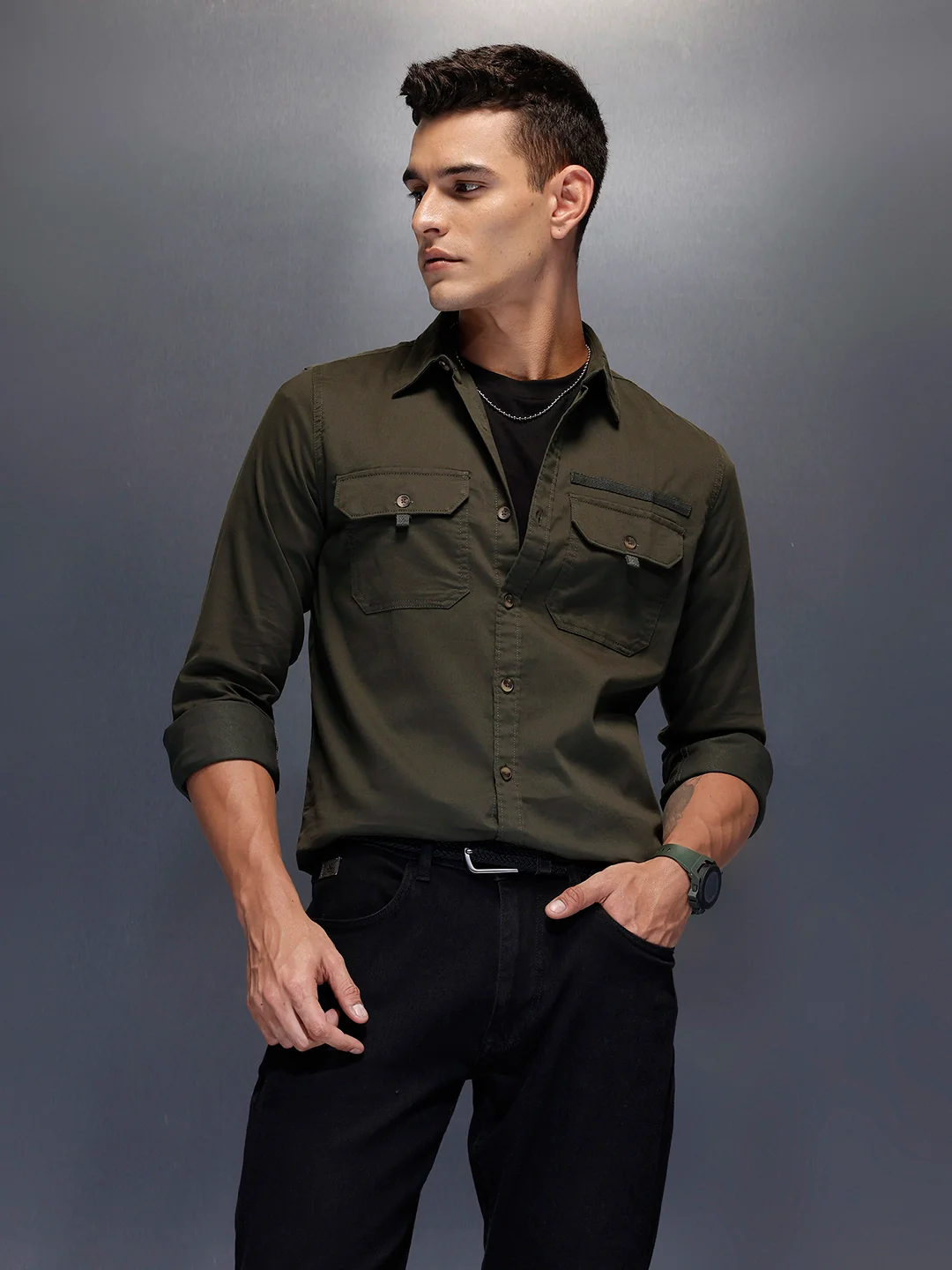 Men's structured shirt with pocket styling | Olive