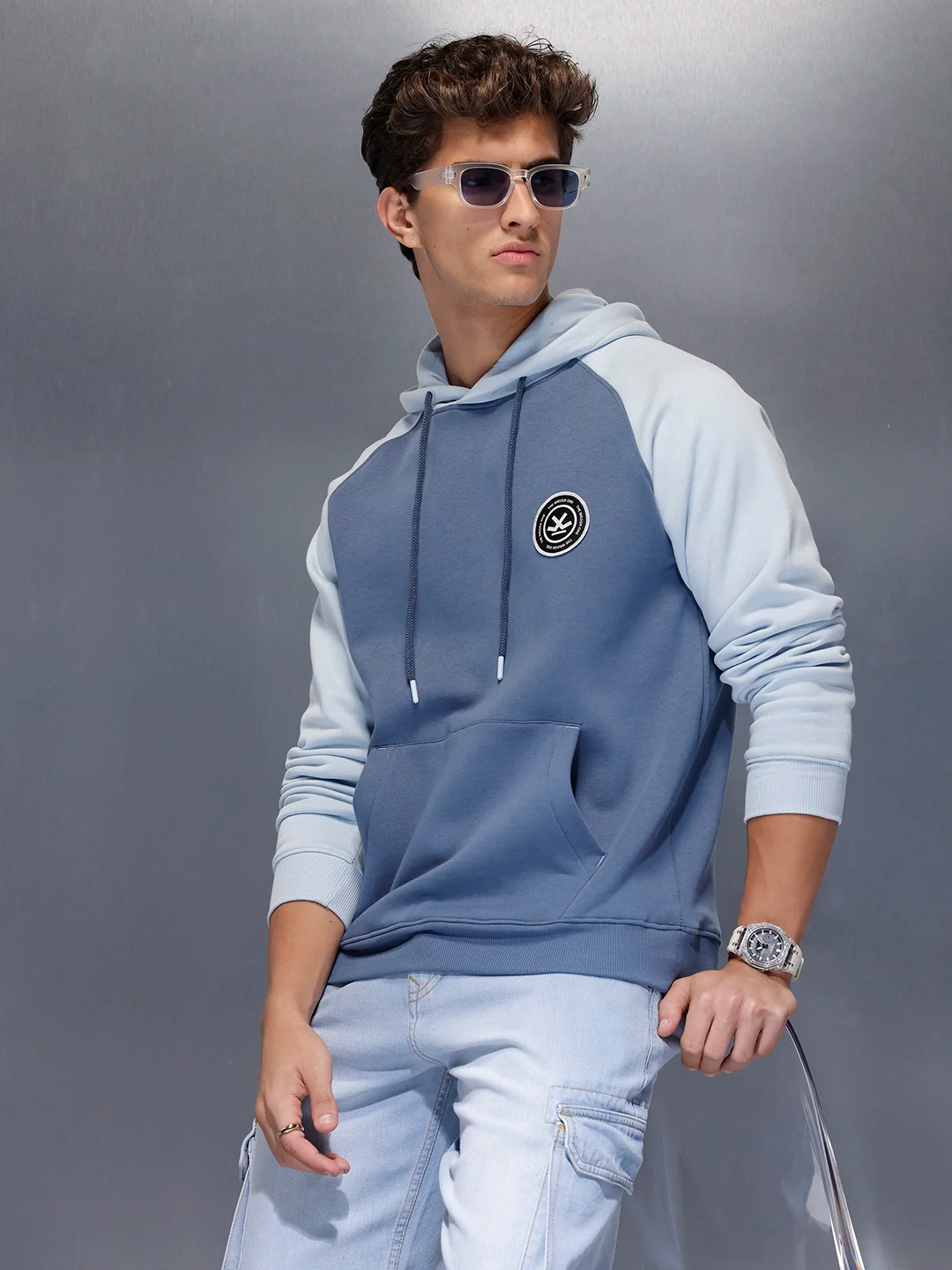 Minimal Dual-Tone Casual Hoodie | Blue