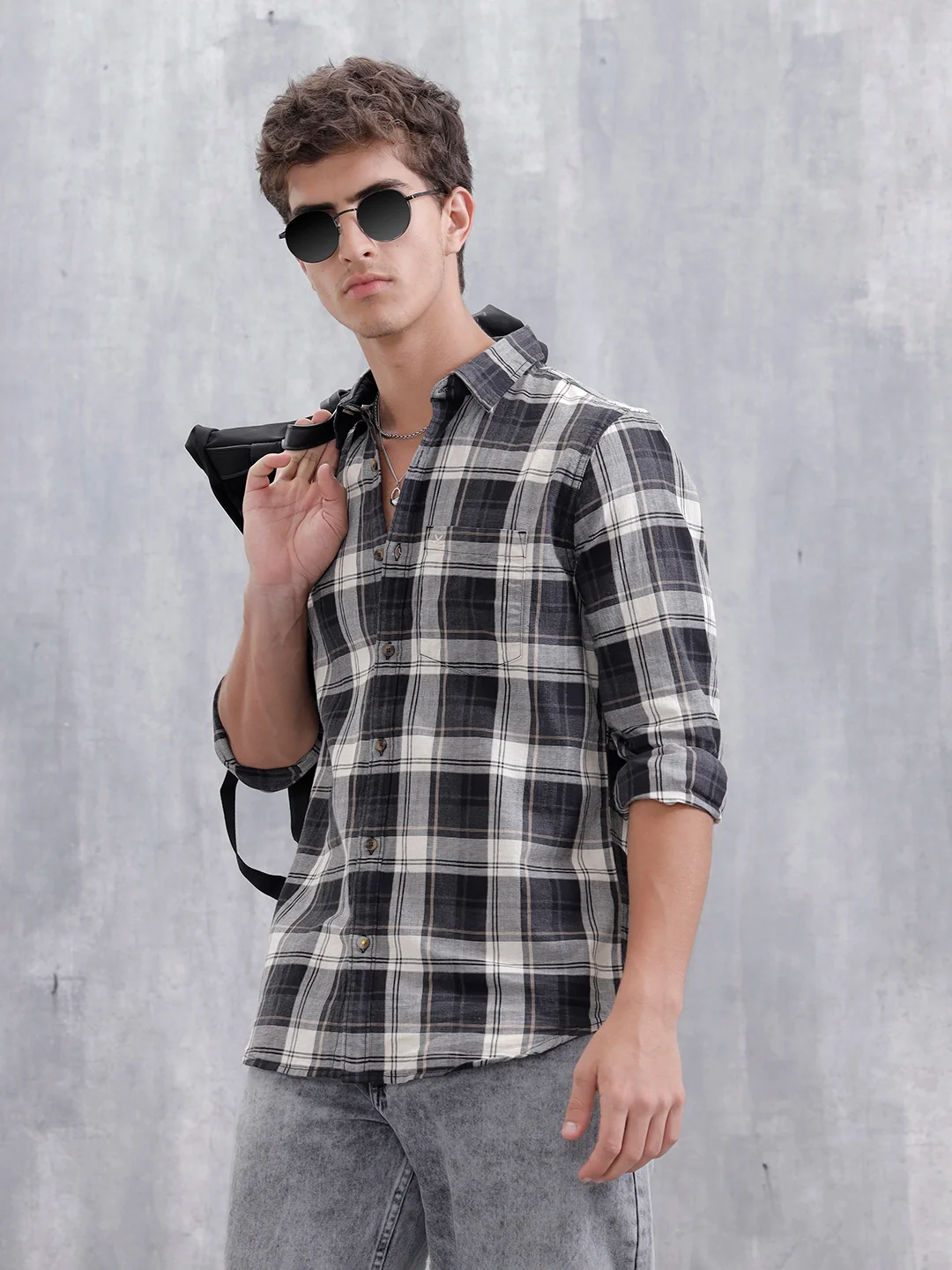 Mocklino Open Dobby Slim Fit Check Shirt | Grey
