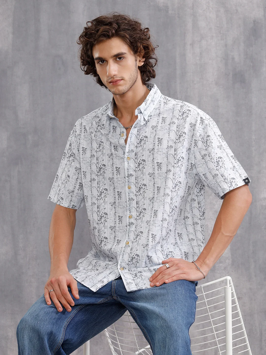 Nature Inspired Tonal Aop In Oversized Fit | White
