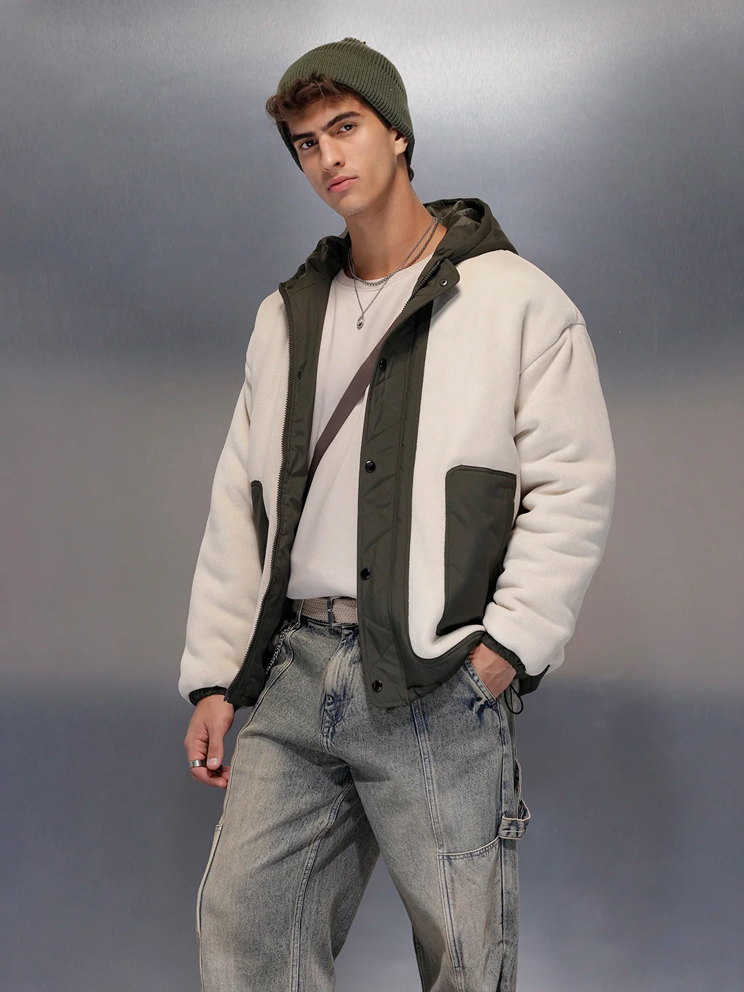 Olive Block Sherpa-Panel Jacket | Beige