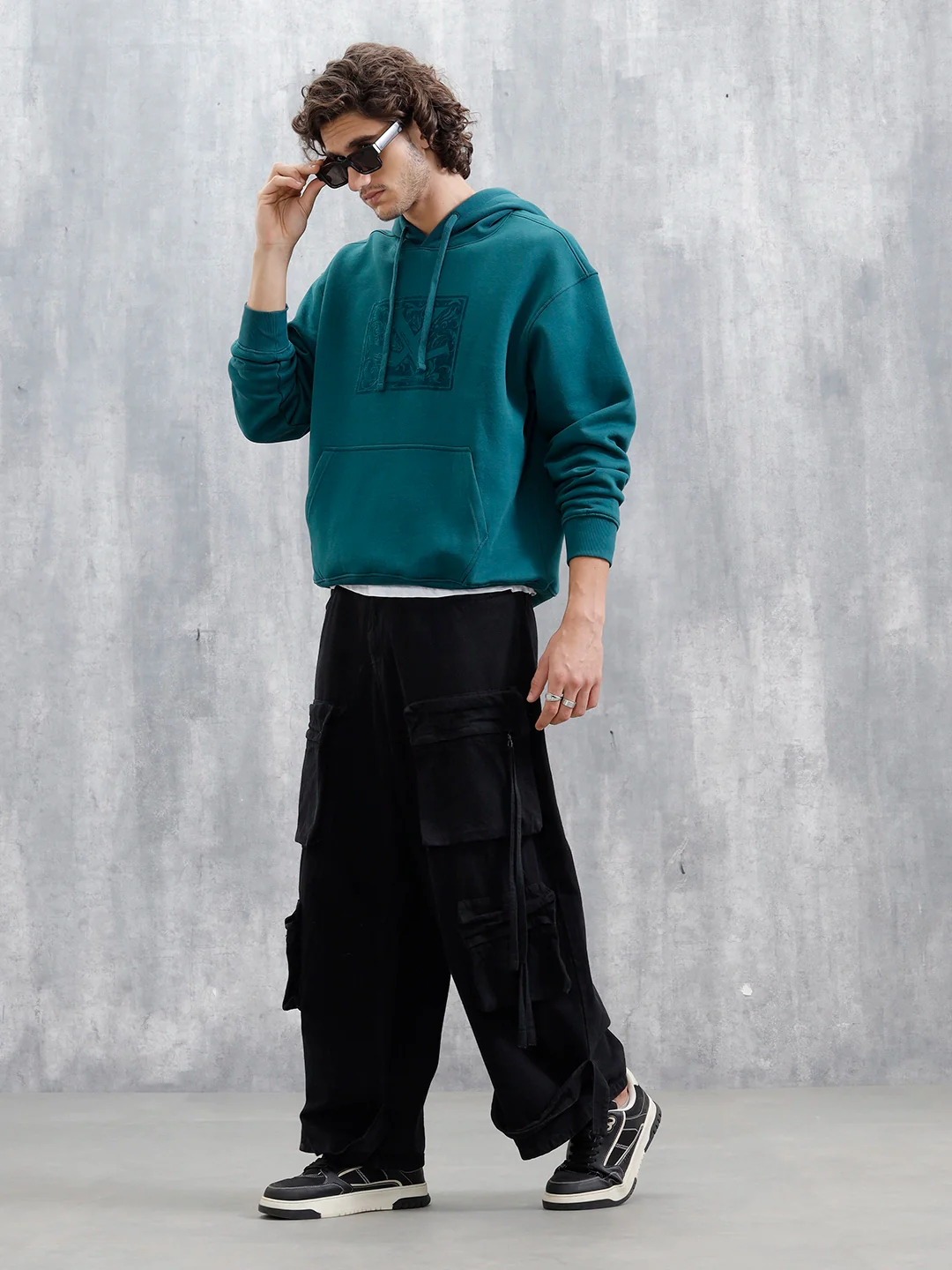 Oversized Brushed Fleece Hoodie With Tonal Flock Print | Teal - Image 3