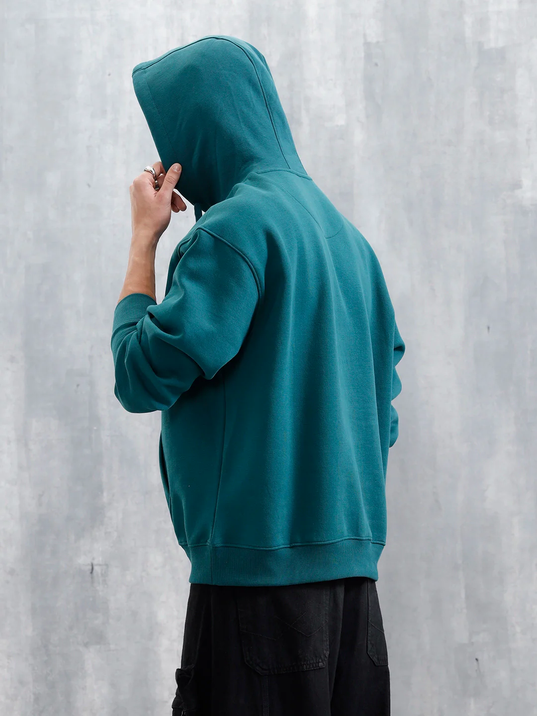 Oversized Brushed Fleece Hoodie With Tonal Flock Print | Teal - Image 4