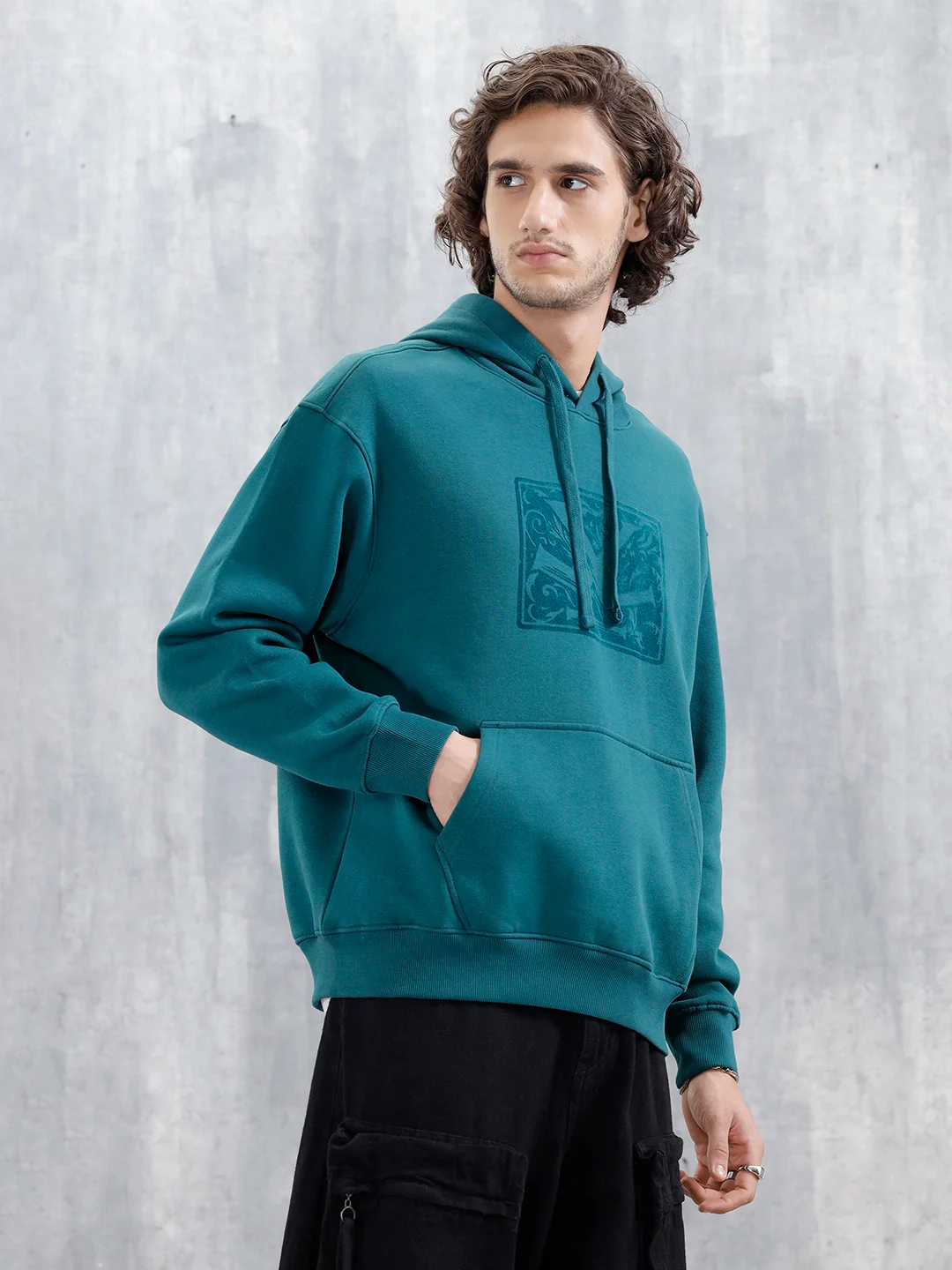 Oversized Brushed Fleece Hoodie With Tonal Flock Print | Teal - Image 5
