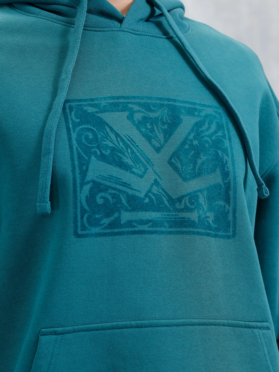 Oversized Brushed Fleece Hoodie With Tonal Flock Print | Teal - Image 6