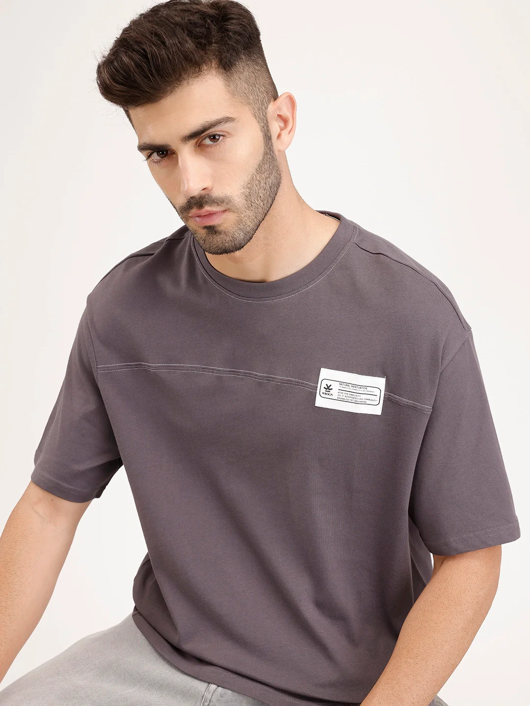 Oversized Cut & Sew Patch Tshirt | Dark Grey