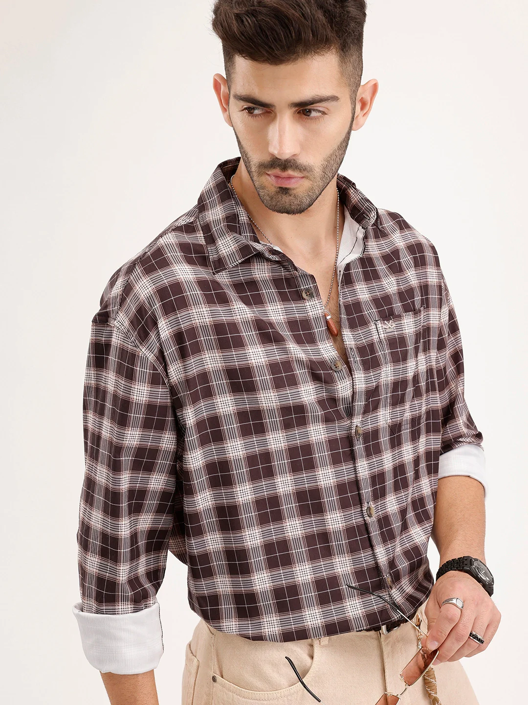 Oversized Fit Checkered Shirt | Brown