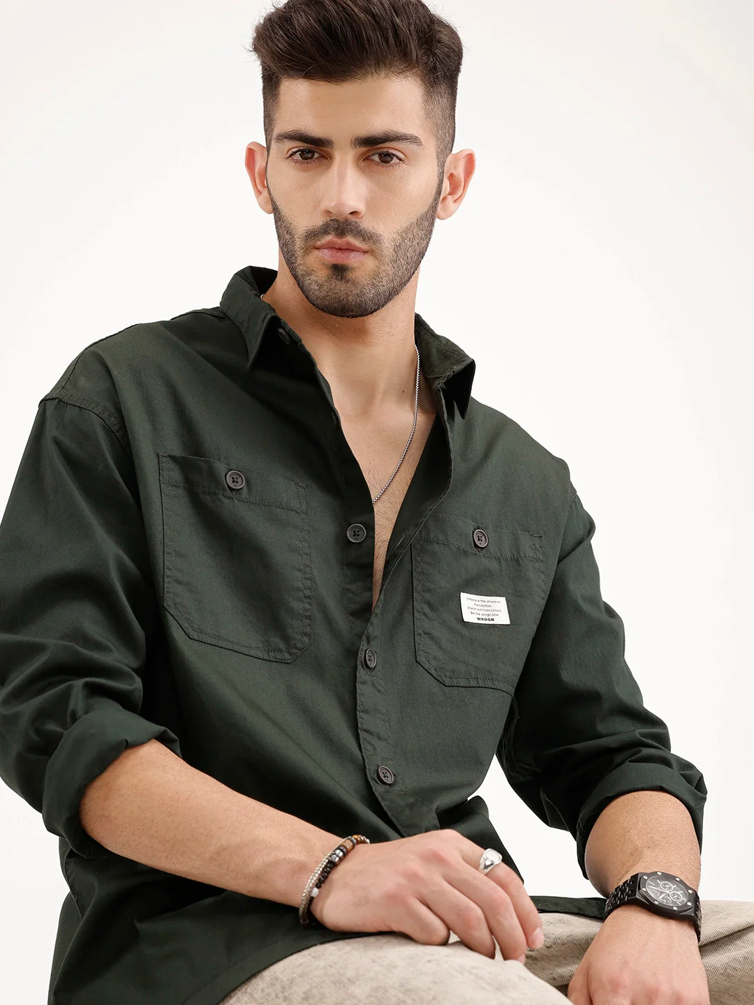 Oversized Fit Double Pocket Patch Detailed Shirt | Dark Green