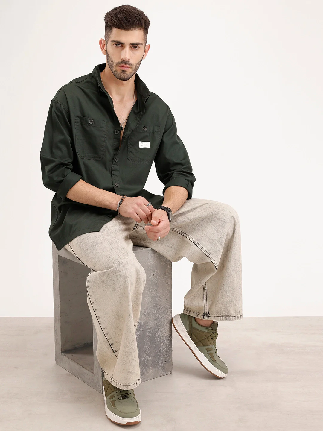 Oversized Fit Double Pocket Patch Detailed Shirt | Dark Green - Image 2