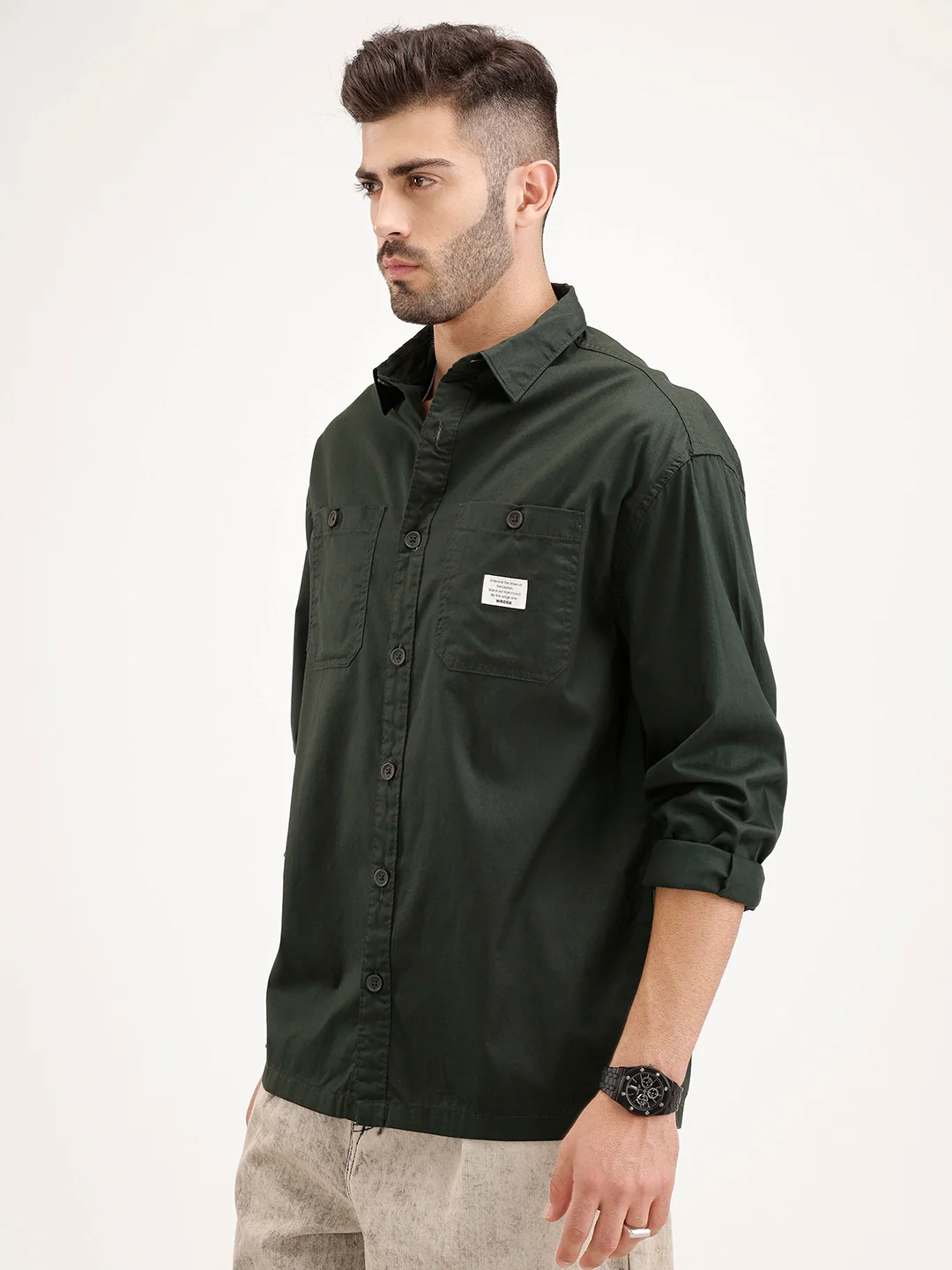Oversized Fit Double Pocket Patch Detailed Shirt | Dark Green - Image 4