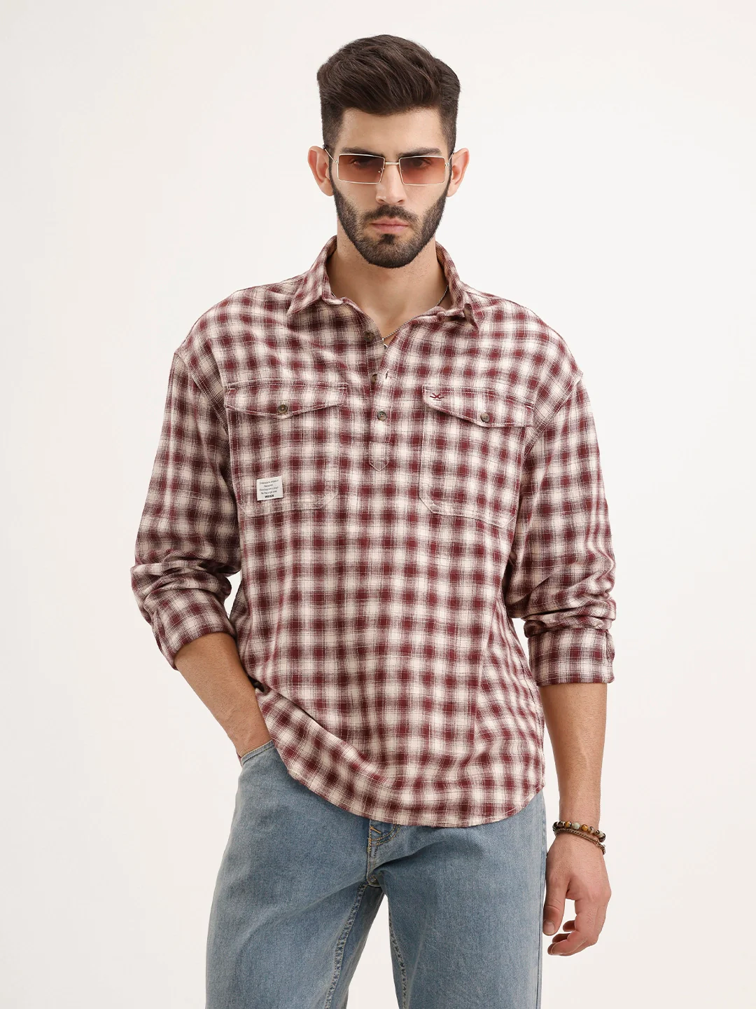 Oversized Fit Double Pocket Shirt | Red