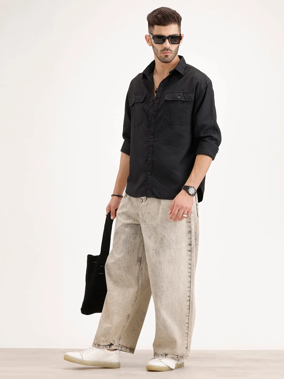 Oversized Fit Double Pocket Textured Shirt | Black - Image 2