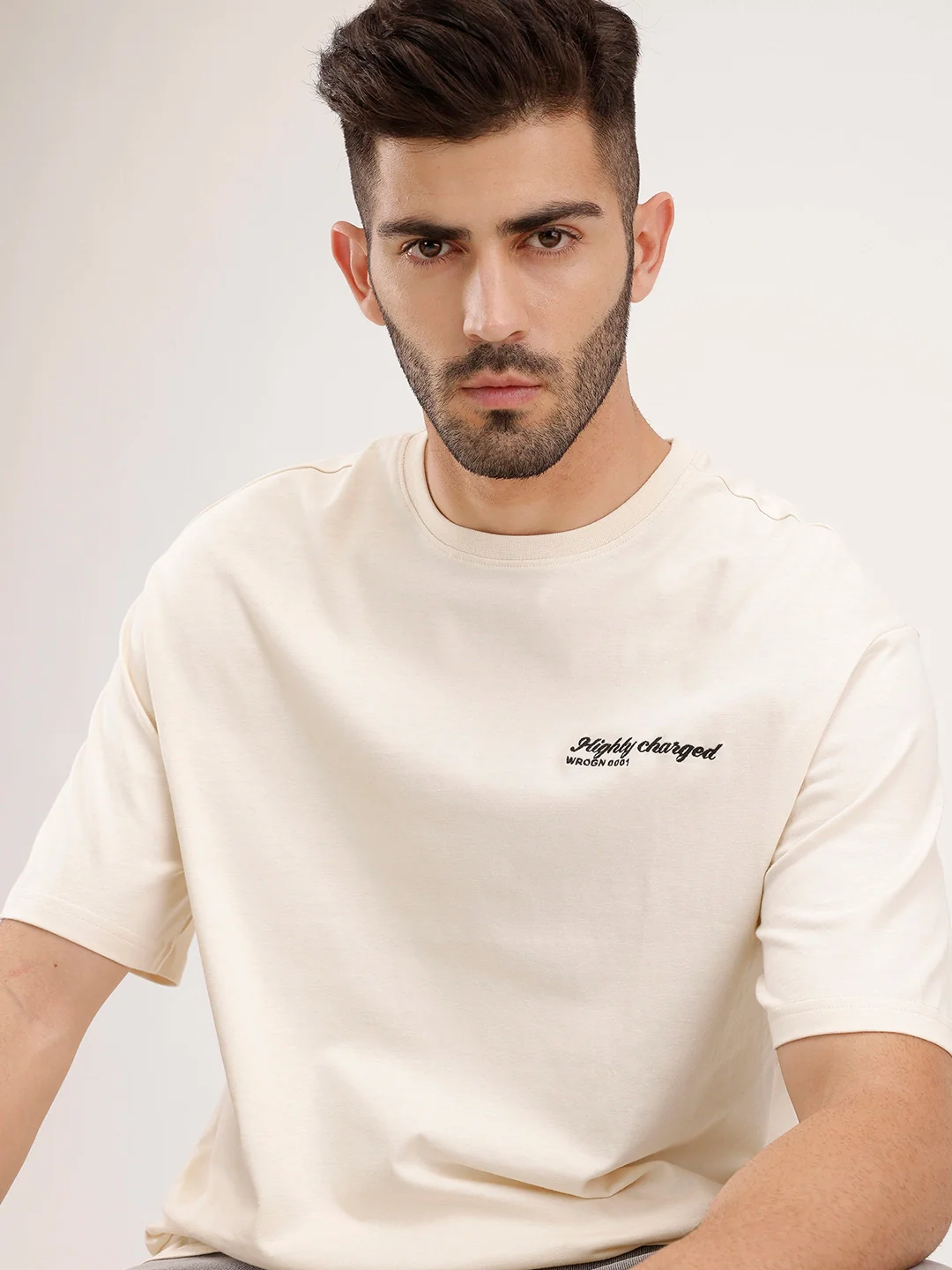 Oversized Fit Embroidered T-Shirt | Beige