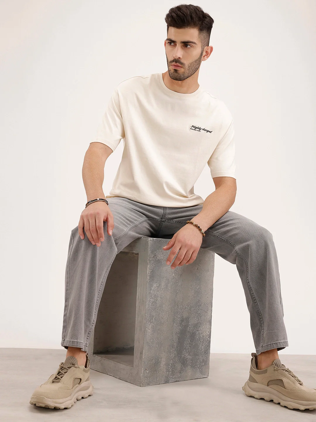 Oversized Fit Embroidered T-Shirt | Beige - Image 2