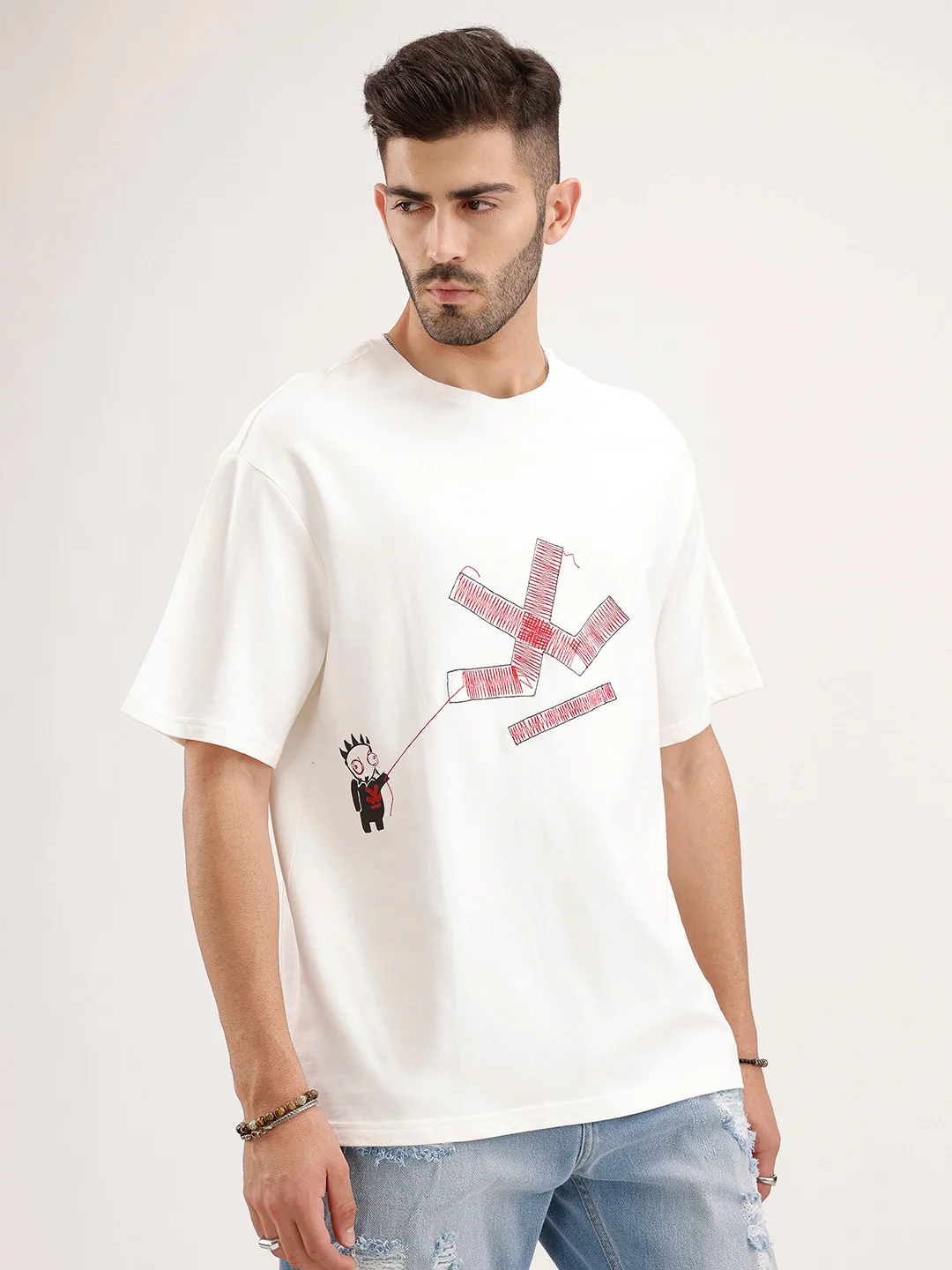 Oversized Fit Embroidered T-Shirt | Off White - Image 4
