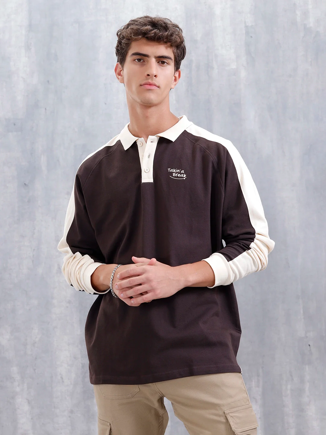 Oversized Fit Full Sleeve Sporty Polo T-Shirt | Dark Brown