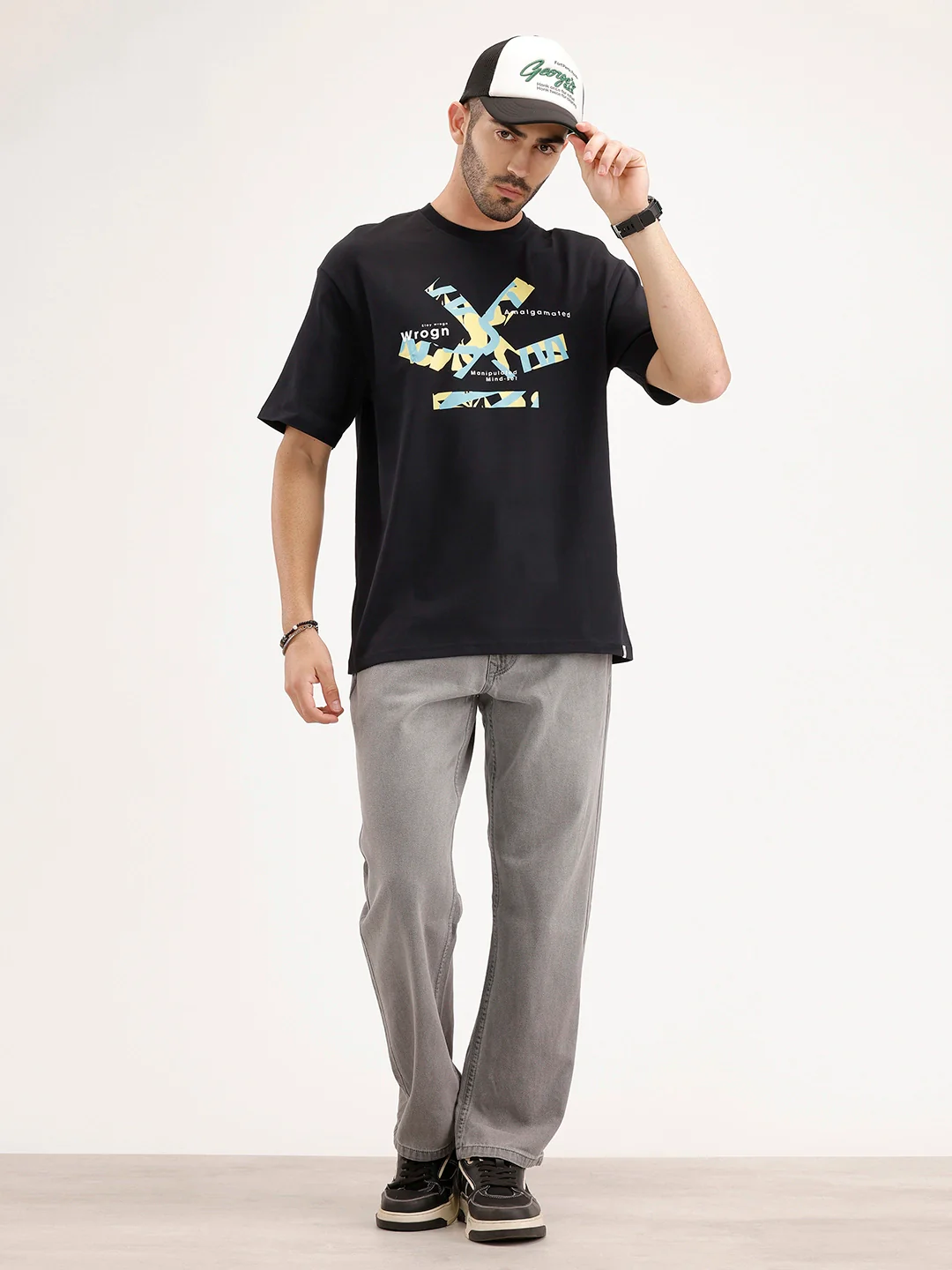 Oversized Fit Placement Printed T-Shirt | Black - Image 2