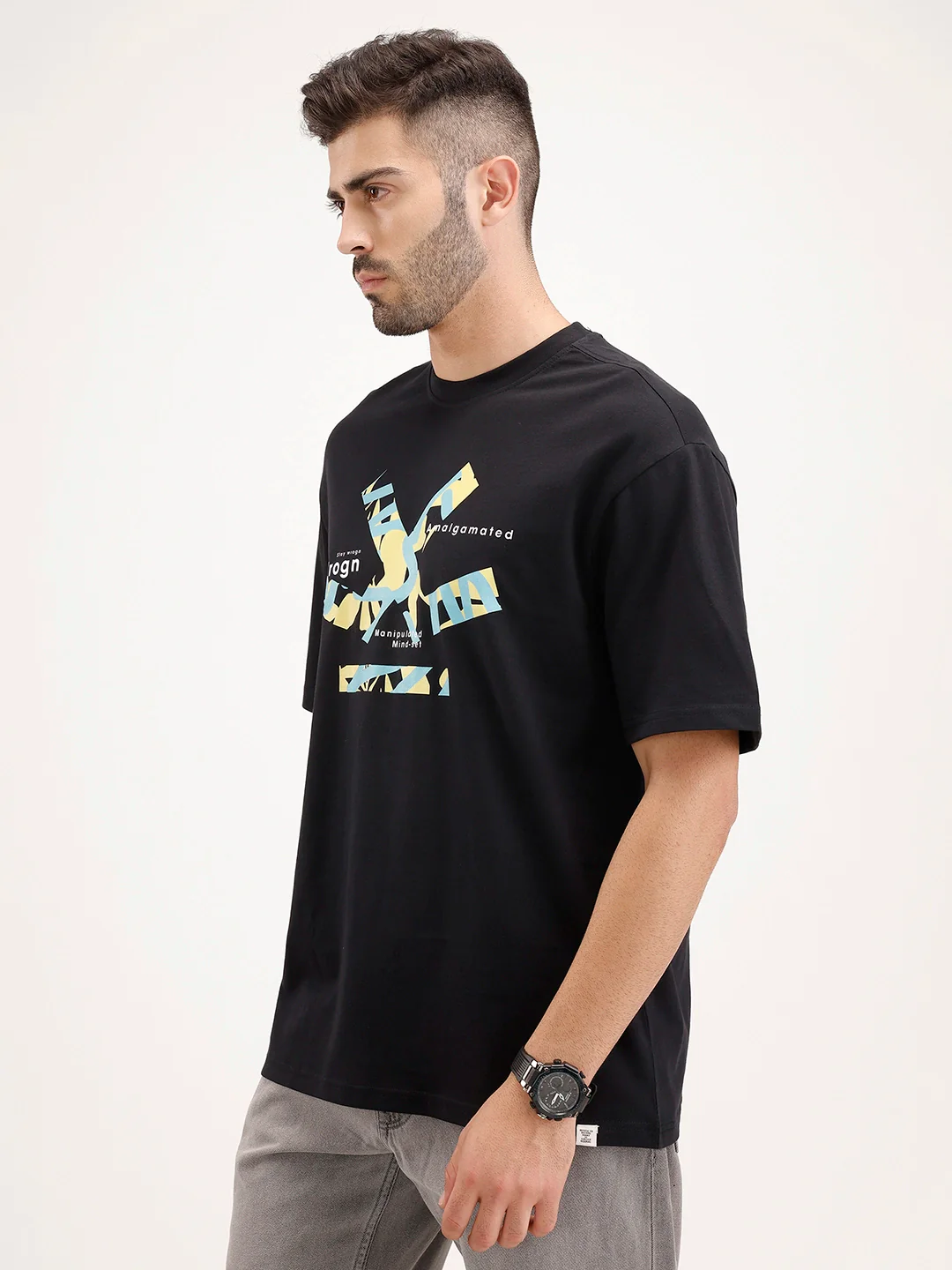 Oversized Fit Placement Printed T-Shirt | Black - Image 4