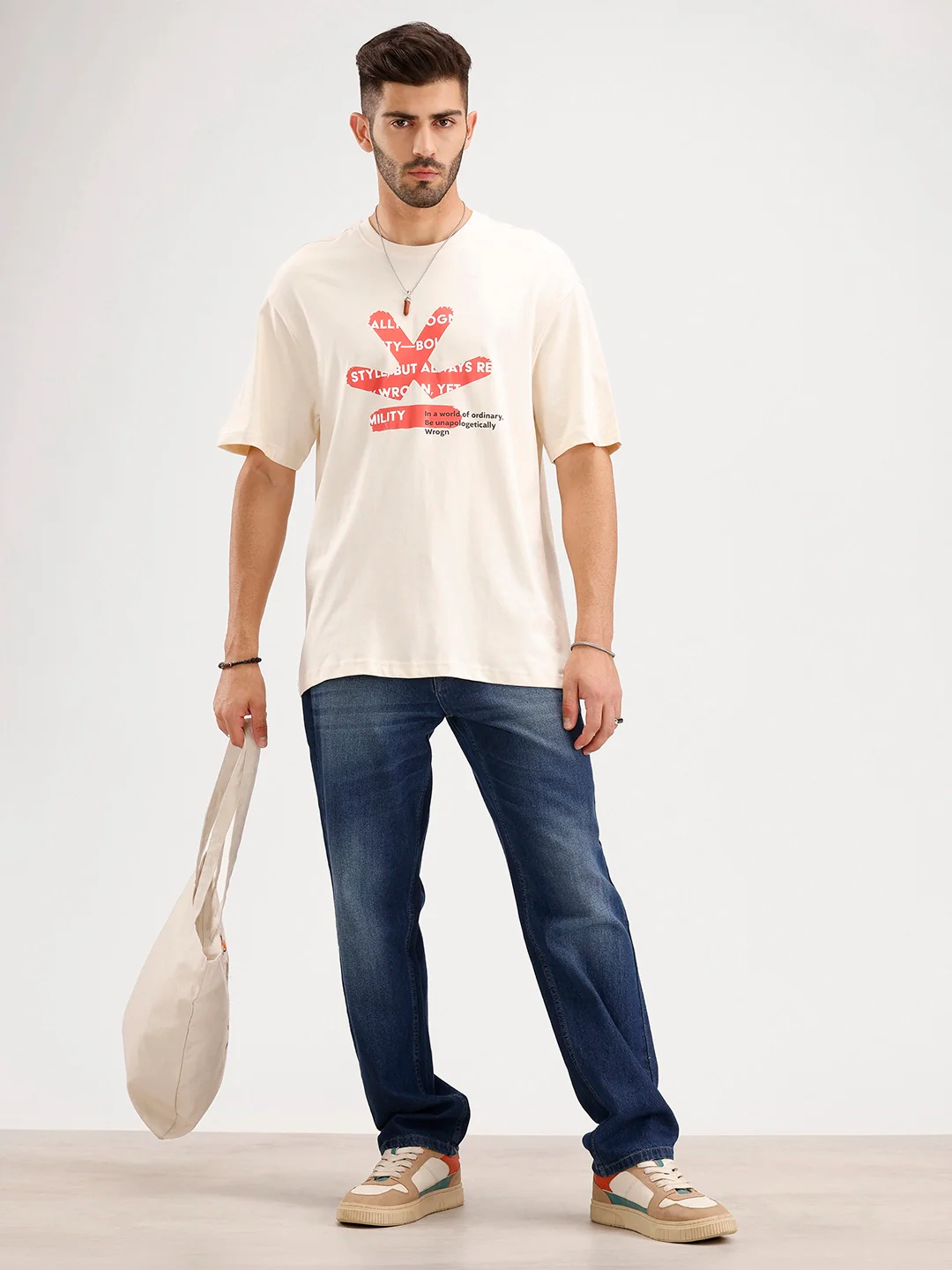 Oversized Fit Placemet Printed T-Shirt | Beige - Image 2