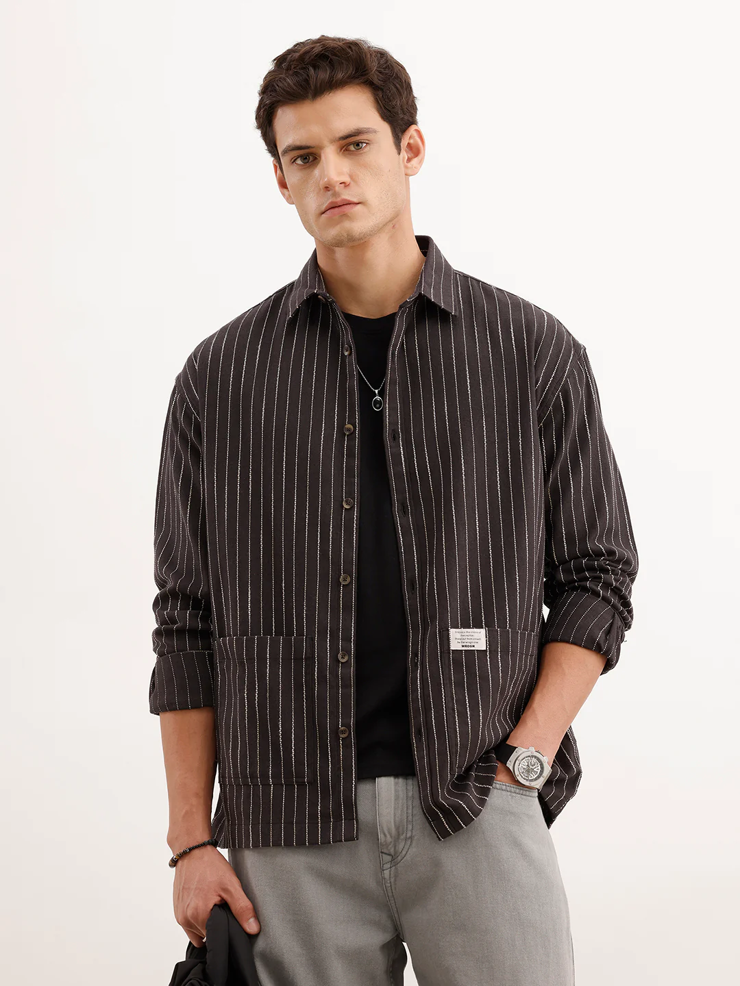 Oversized Fit Striped Double Pocket Shirt | Black