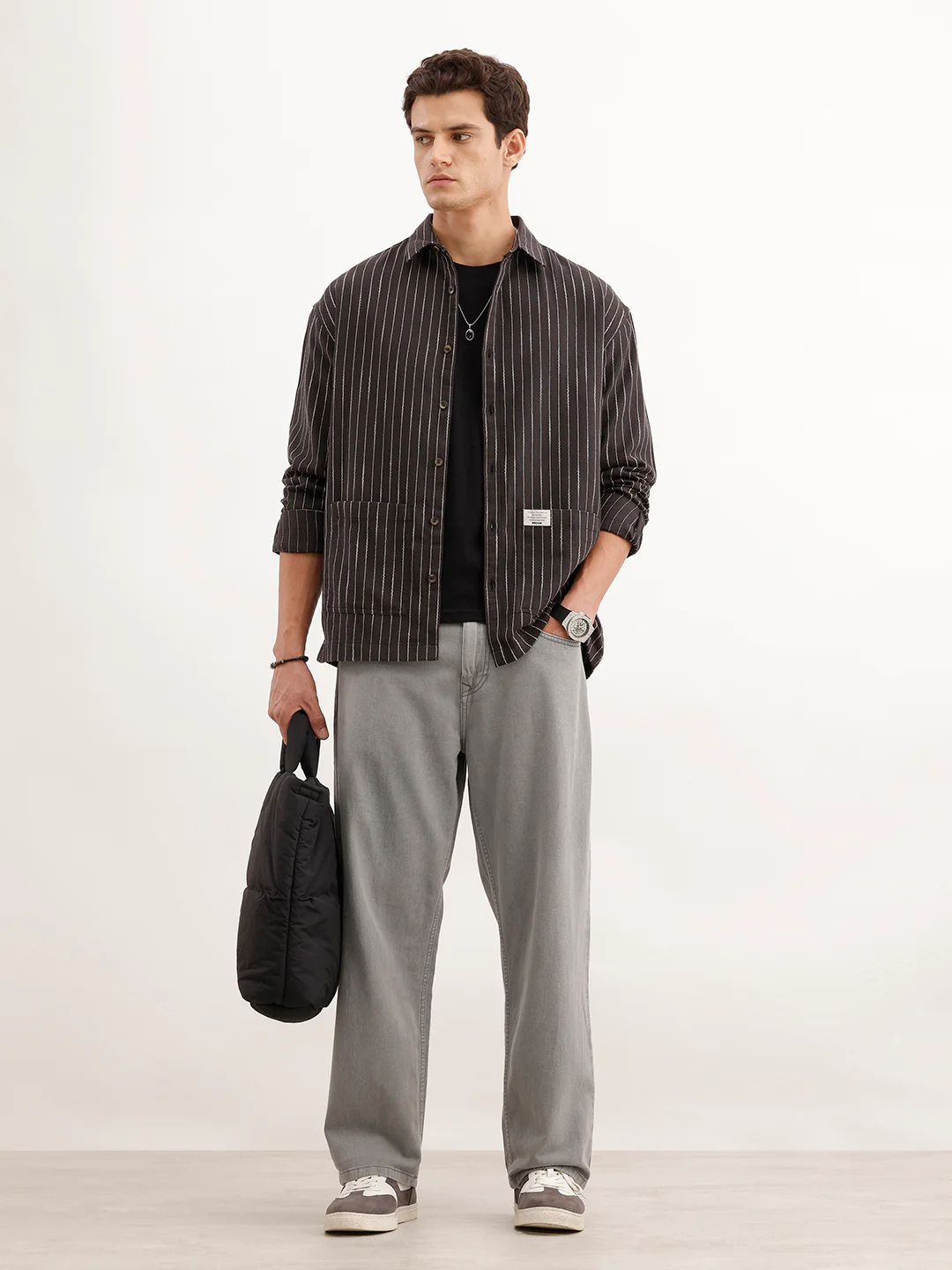 Oversized Fit Striped Double Pocket Shirt | Black - Image 2