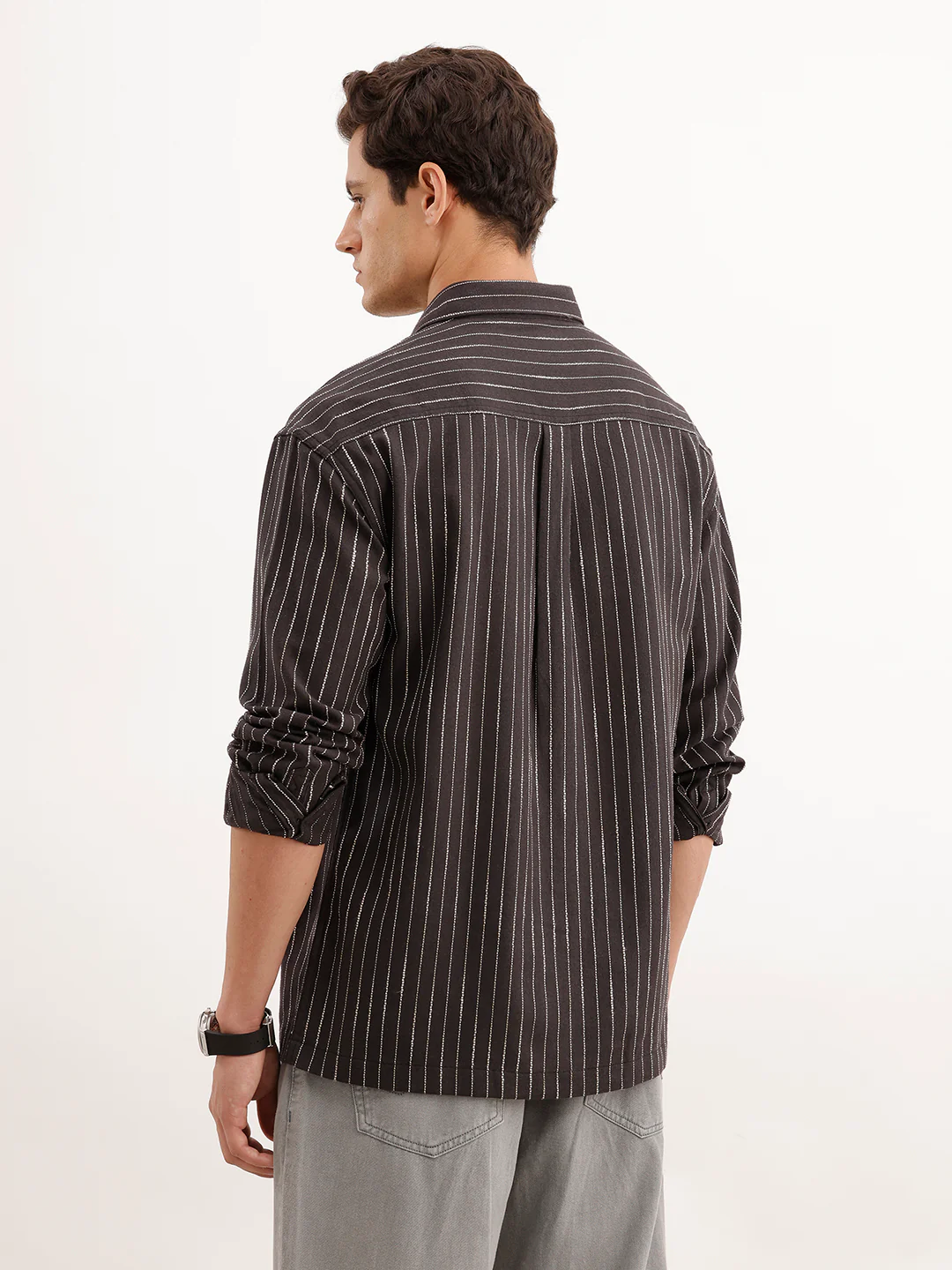 Oversized Fit Striped Double Pocket Shirt | Black - Image 3