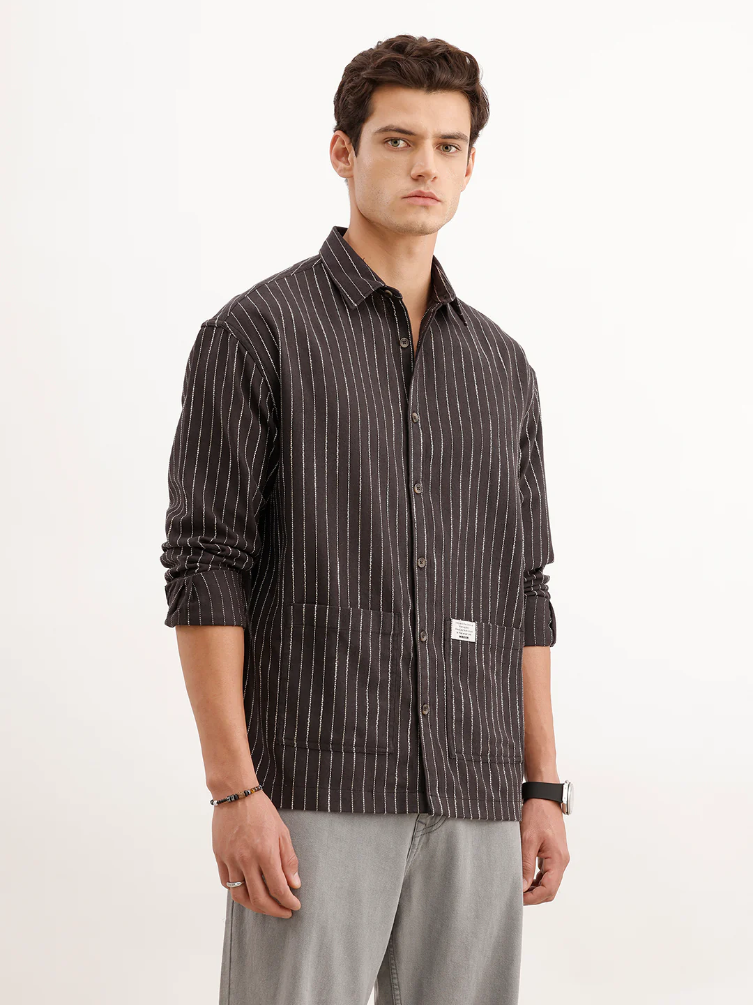 Oversized Fit Striped Double Pocket Shirt | Black - Image 4