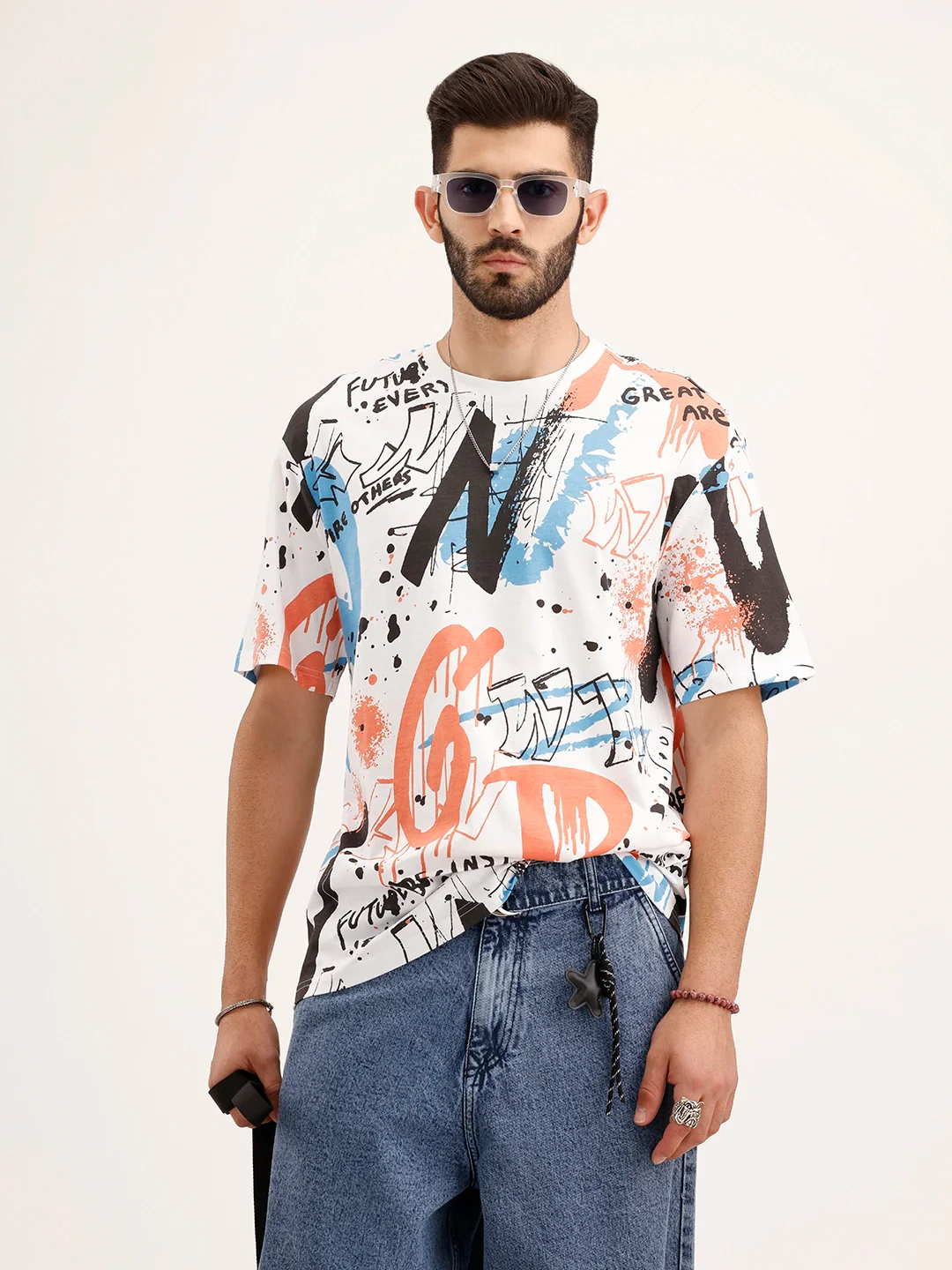 Oversized Graffiti Printed T-Shirt | White