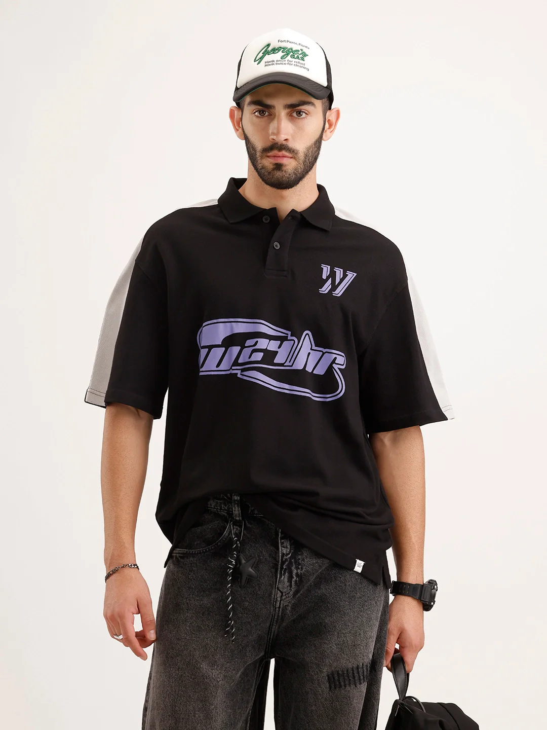 Oversized Placement Printed Polo T-Shirt | Black