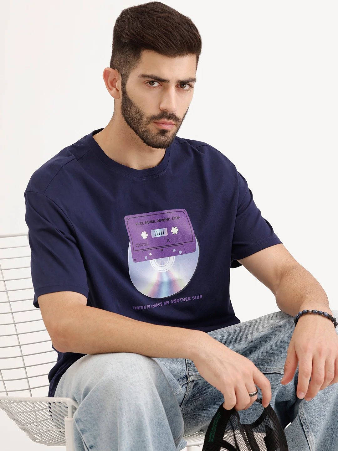 Oversized Placement Printed T-Shirt | Navy Blue