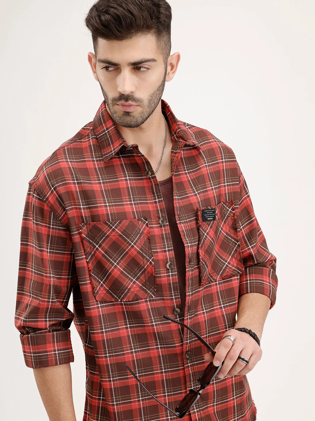 Oversized Raw Edge Double Pocket Checkered Shirt | Brown