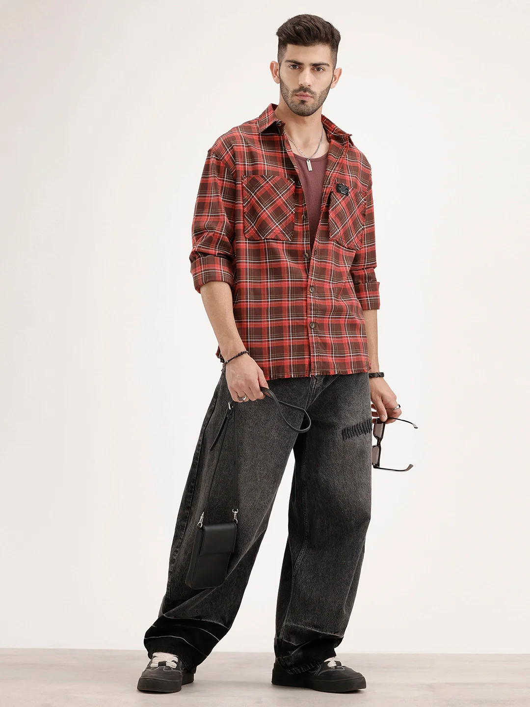 Oversized Raw Edge Double Pocket Checkered Shirt | Brown - Image 2