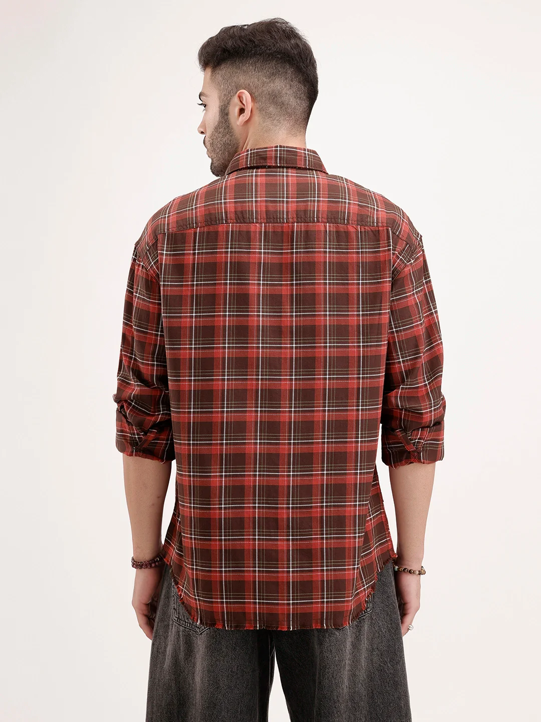 Oversized Raw Edge Double Pocket Checkered Shirt | Brown - Image 3
