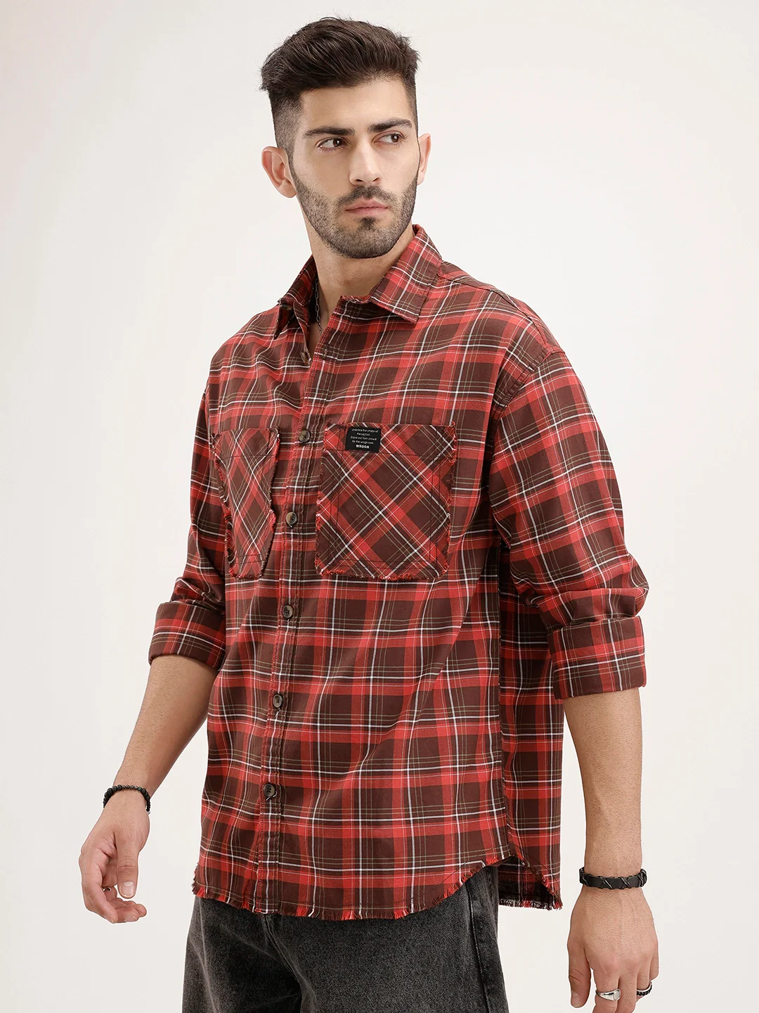 Oversized Raw Edge Double Pocket Checkered Shirt | Brown - Image 4