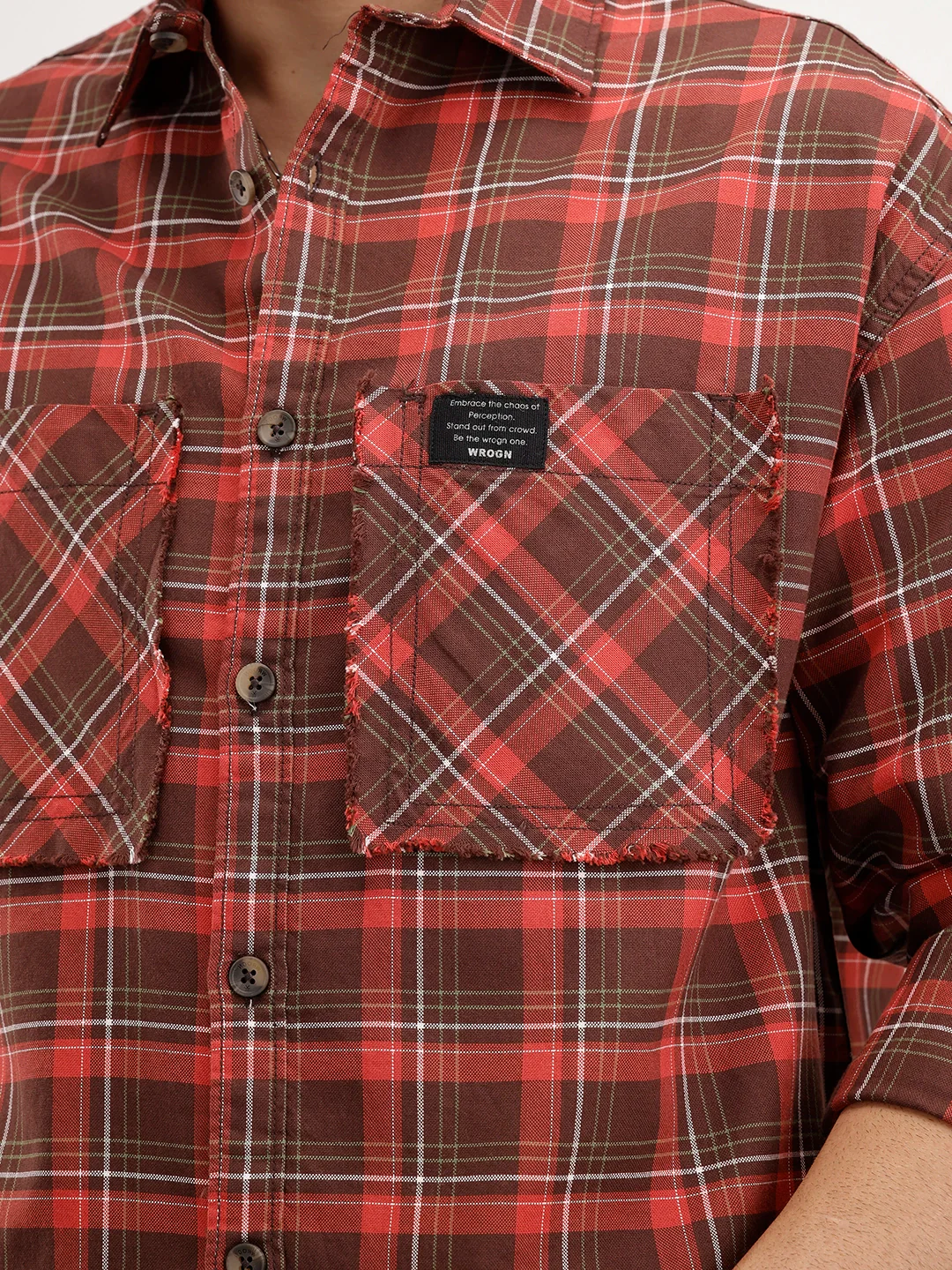 Oversized Raw Edge Double Pocket Checkered Shirt | Brown - Image 5