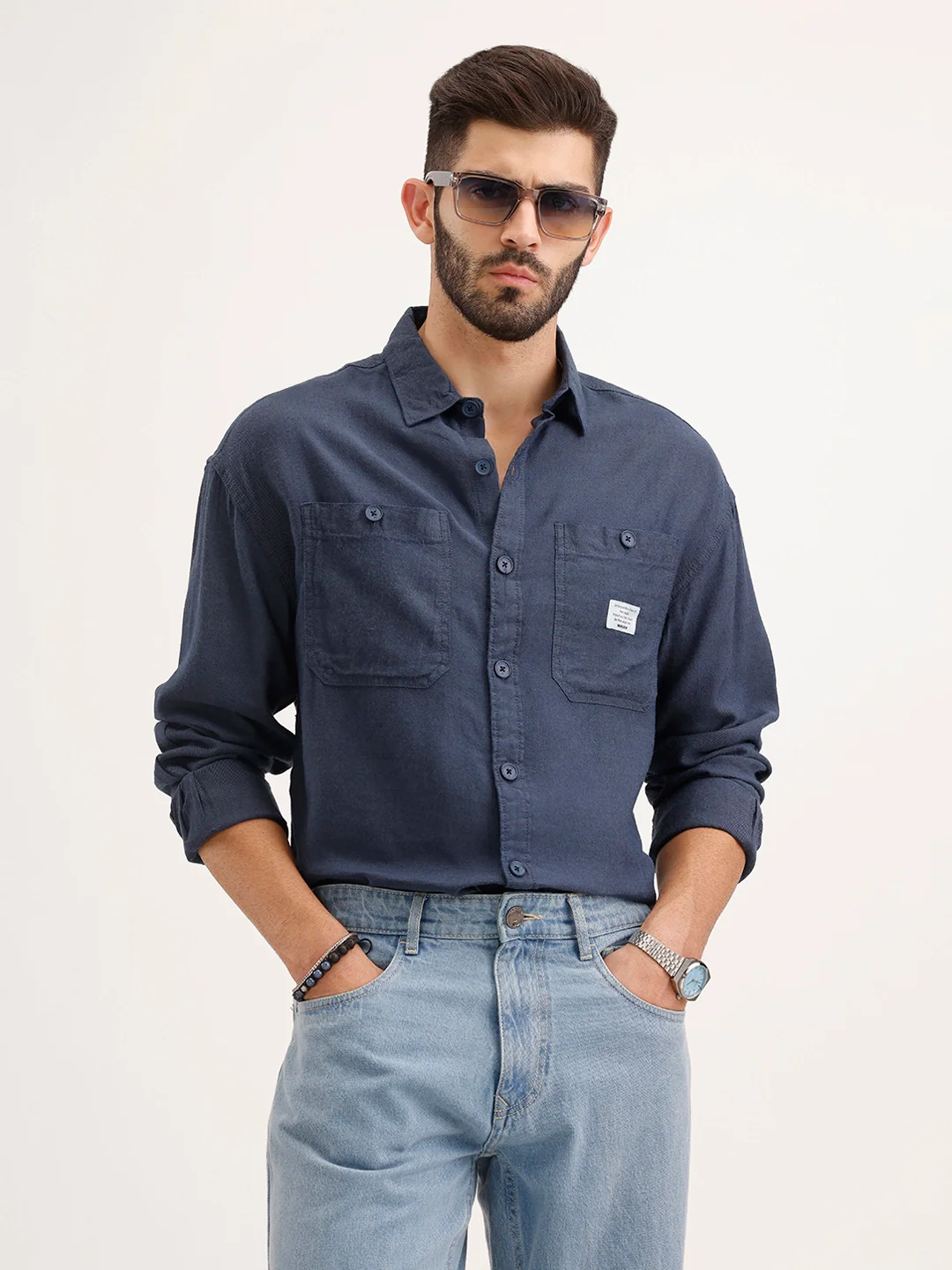 Oversized Solid Double Pocket Shirt | Blue