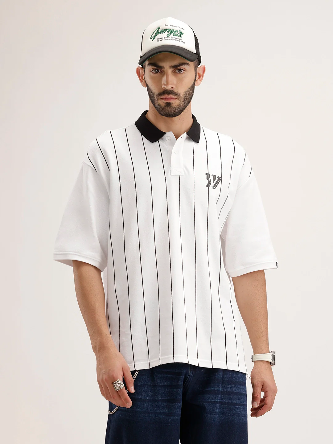 Oversized Striped Polo T-Shirt | White