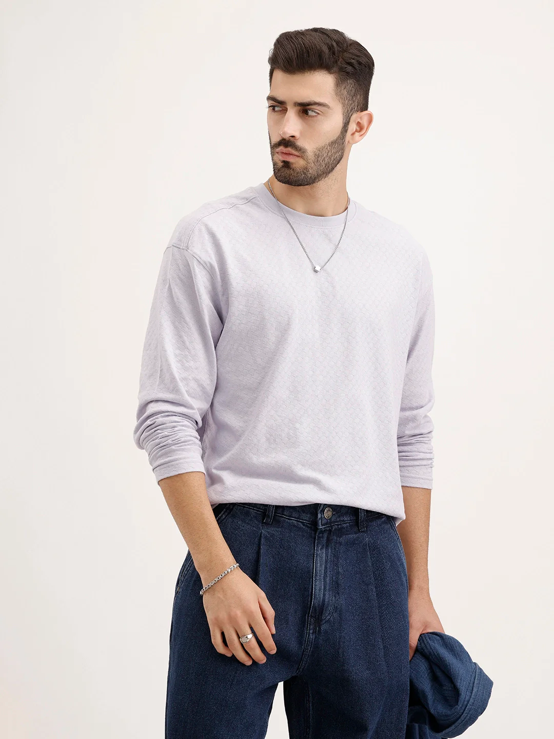 Oversized Textured Full Sleeve T-Shirt | Purple