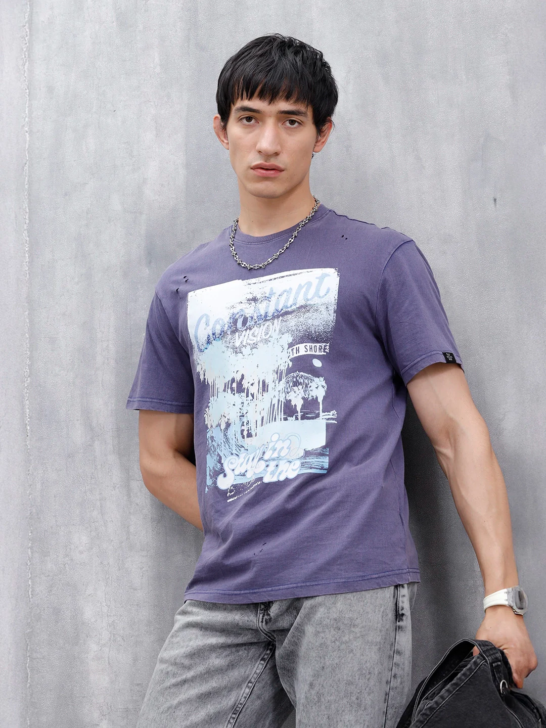 Oversized Washed Distressed Graphic T-Shirt | Navy Blue