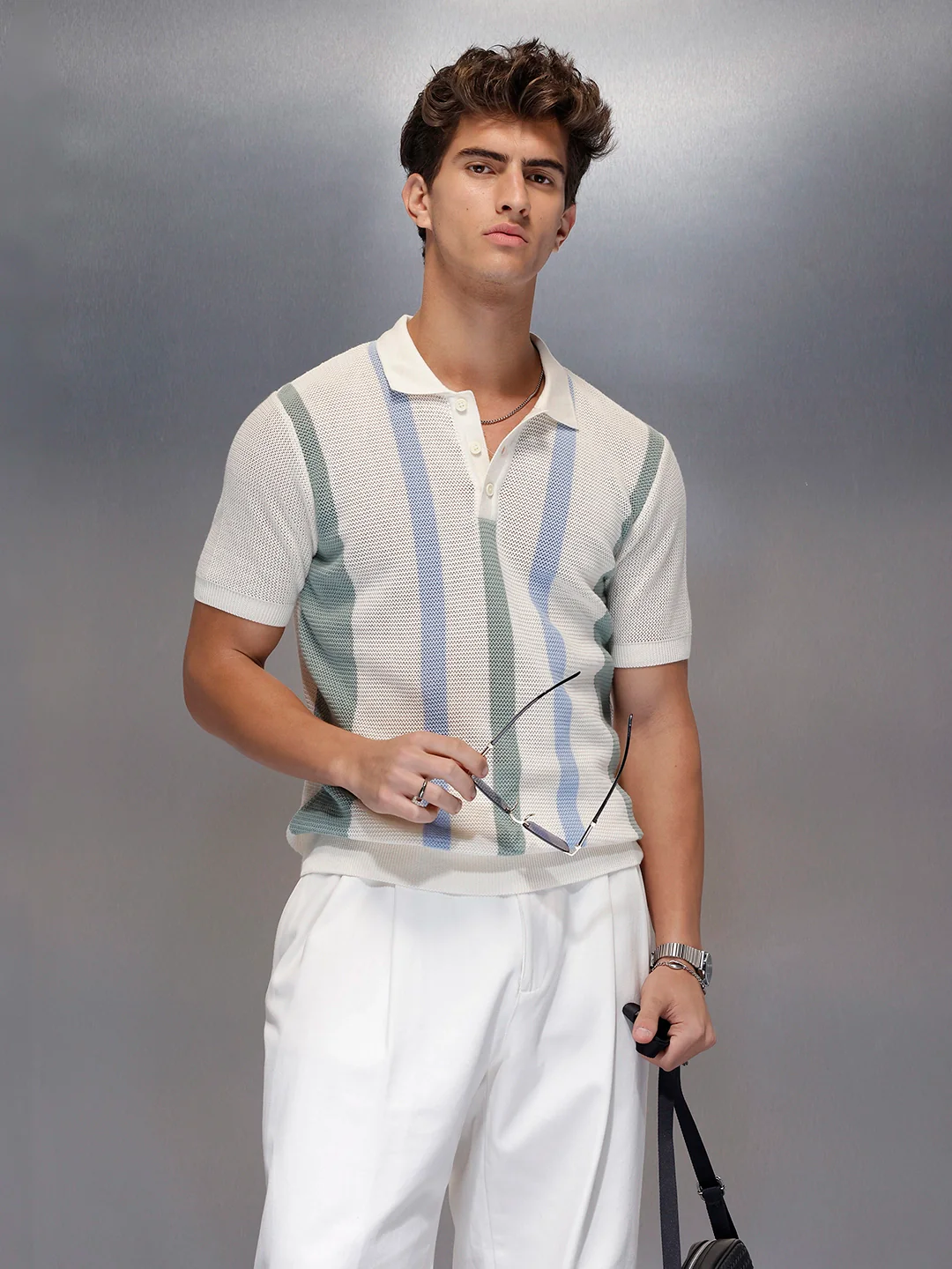 Pastel Stripe Textured Knit Polo | Off White