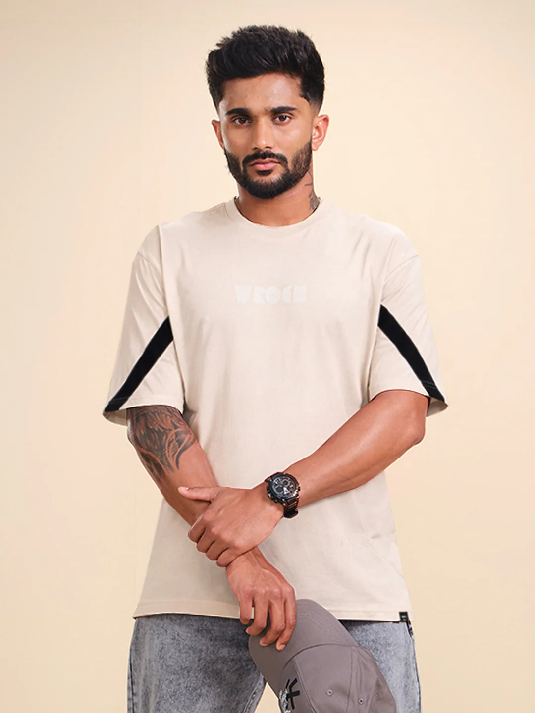 Placement Printed Oversized T-Shirt | Beige
