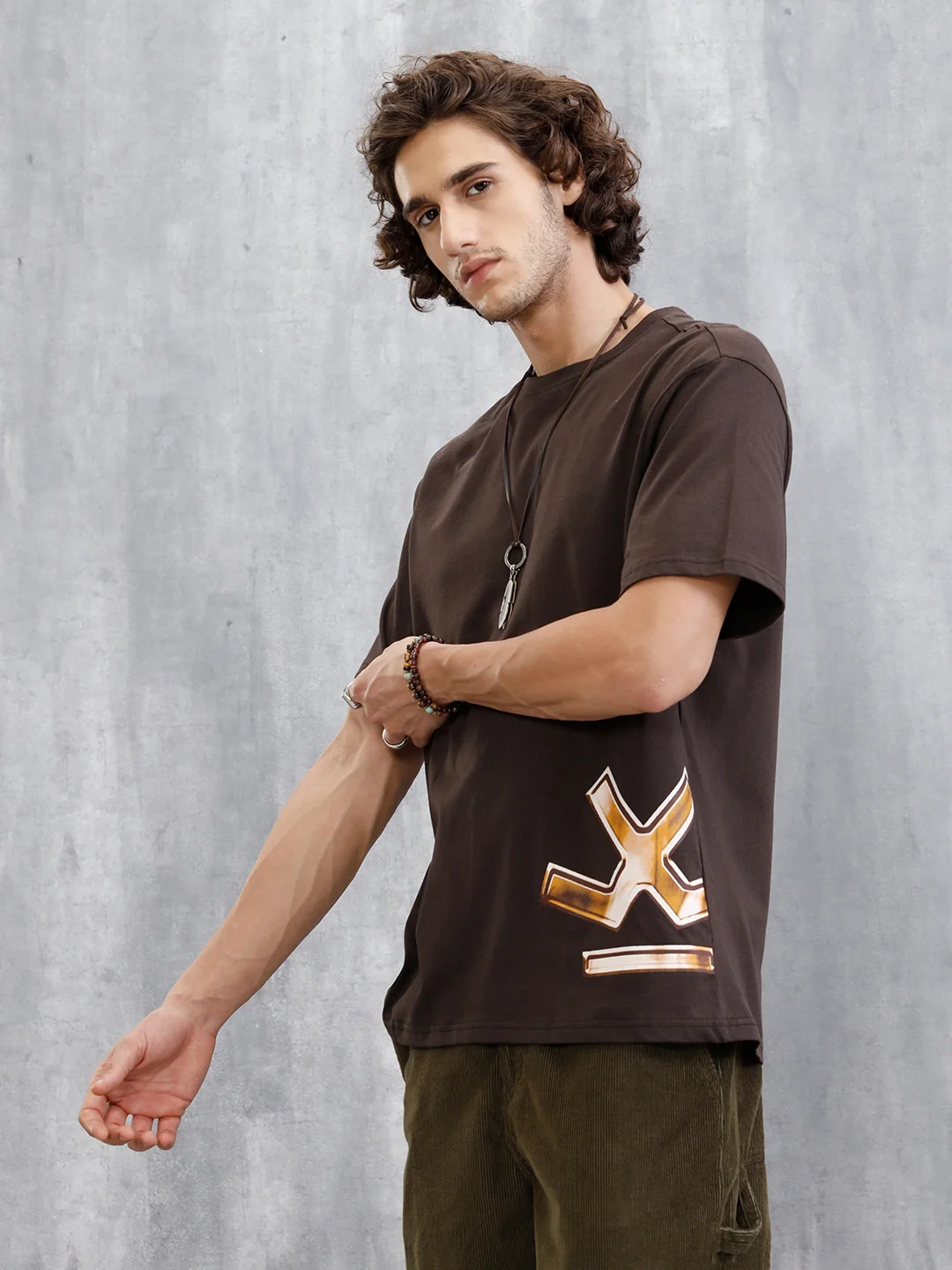 Placement Printed Oversized T-Shirt | Brown