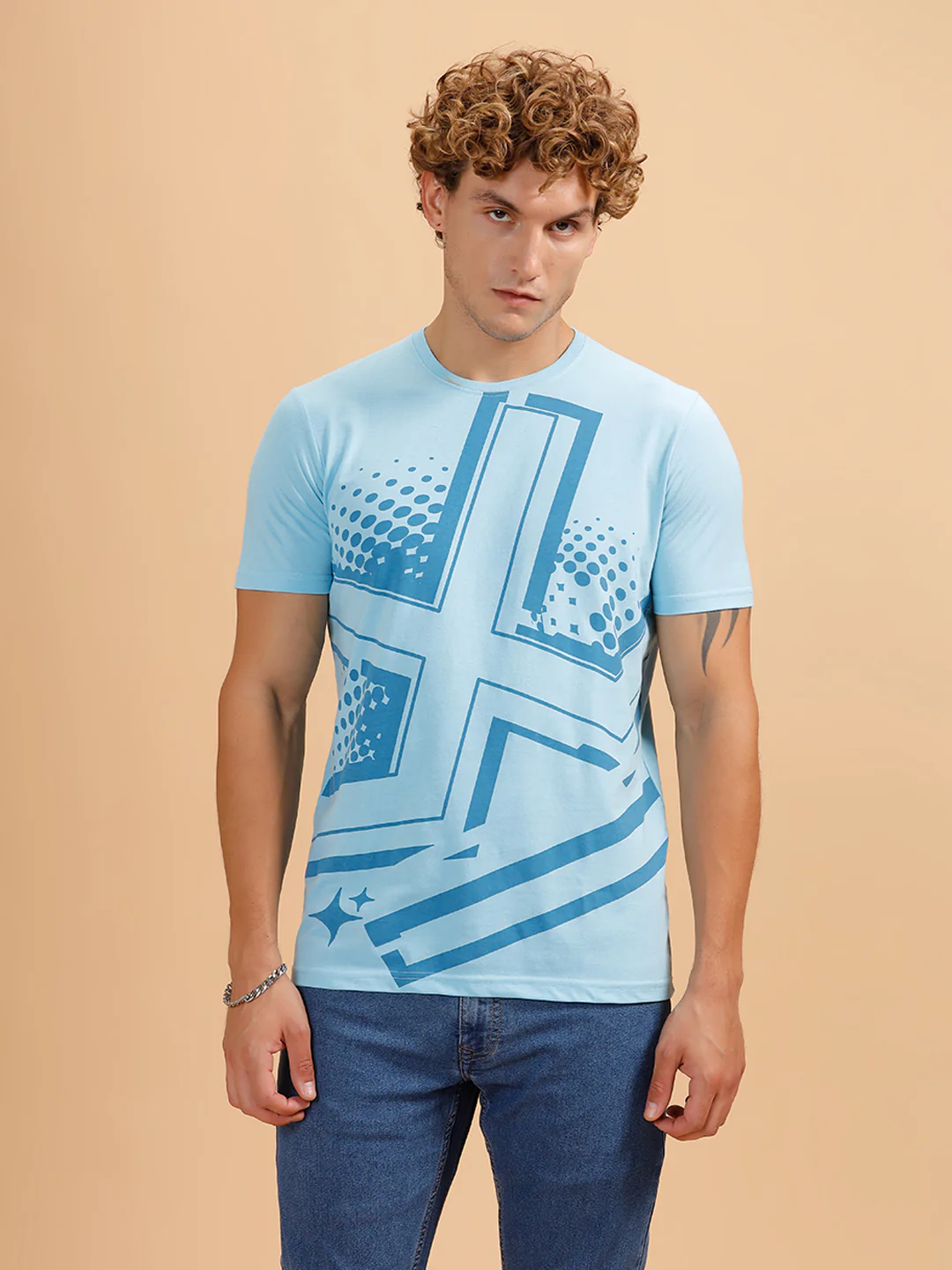 Placement Printed Regular Fit T-Shirt | Light Blue