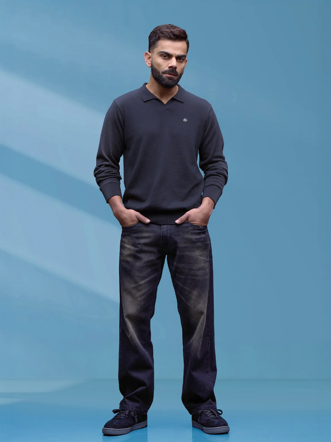 Premium Flat Knit Johnny Collar Polo T-Shirt | Navy Blue - Image 2